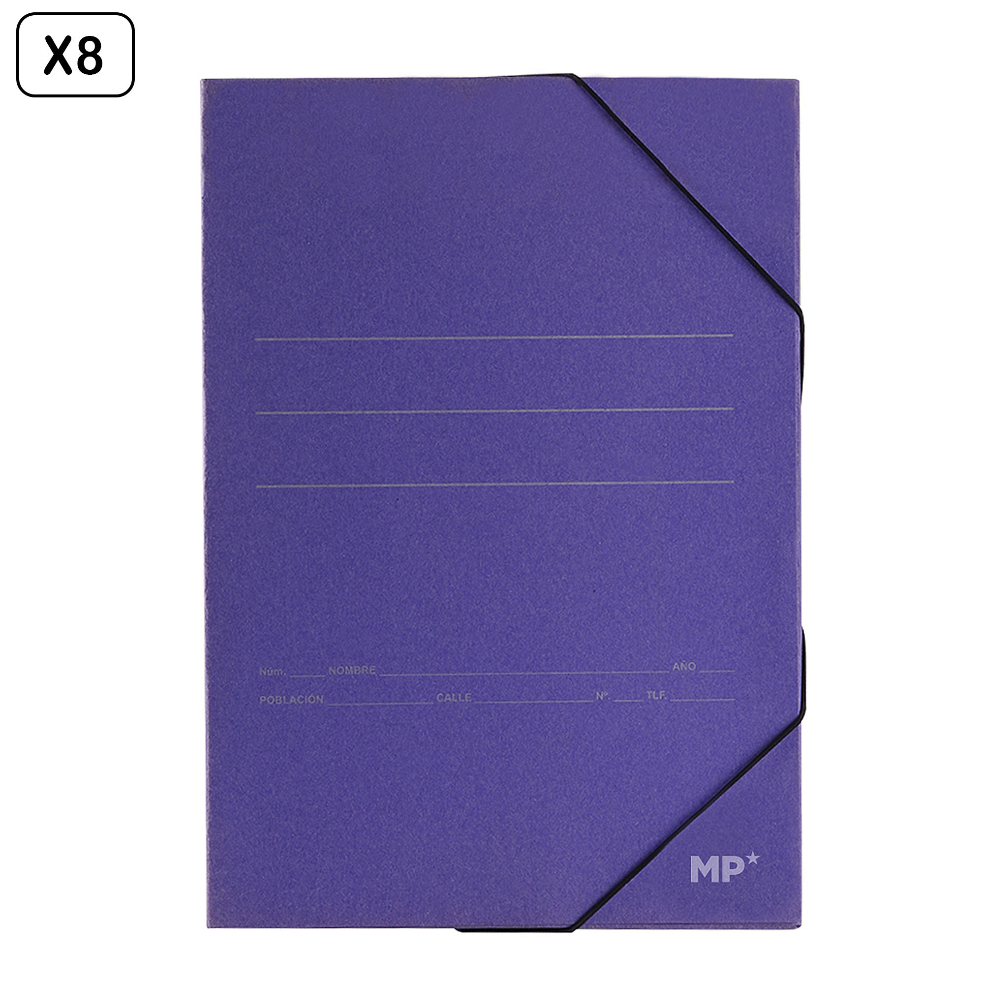 Cartellina viola con chiusura elastica e campi rigati.