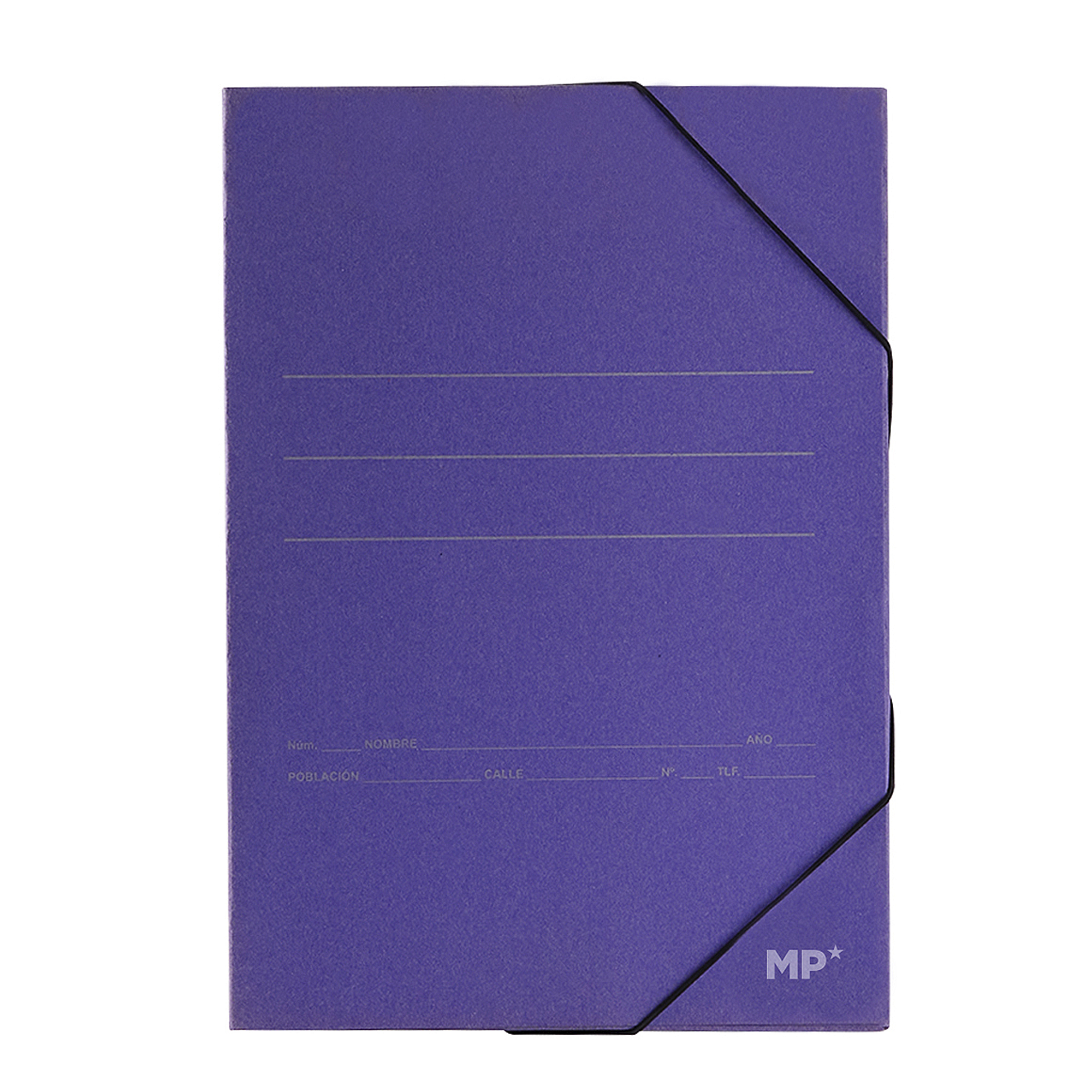 Cartellina viola con chiusura ad elastico e campi per etichettare.