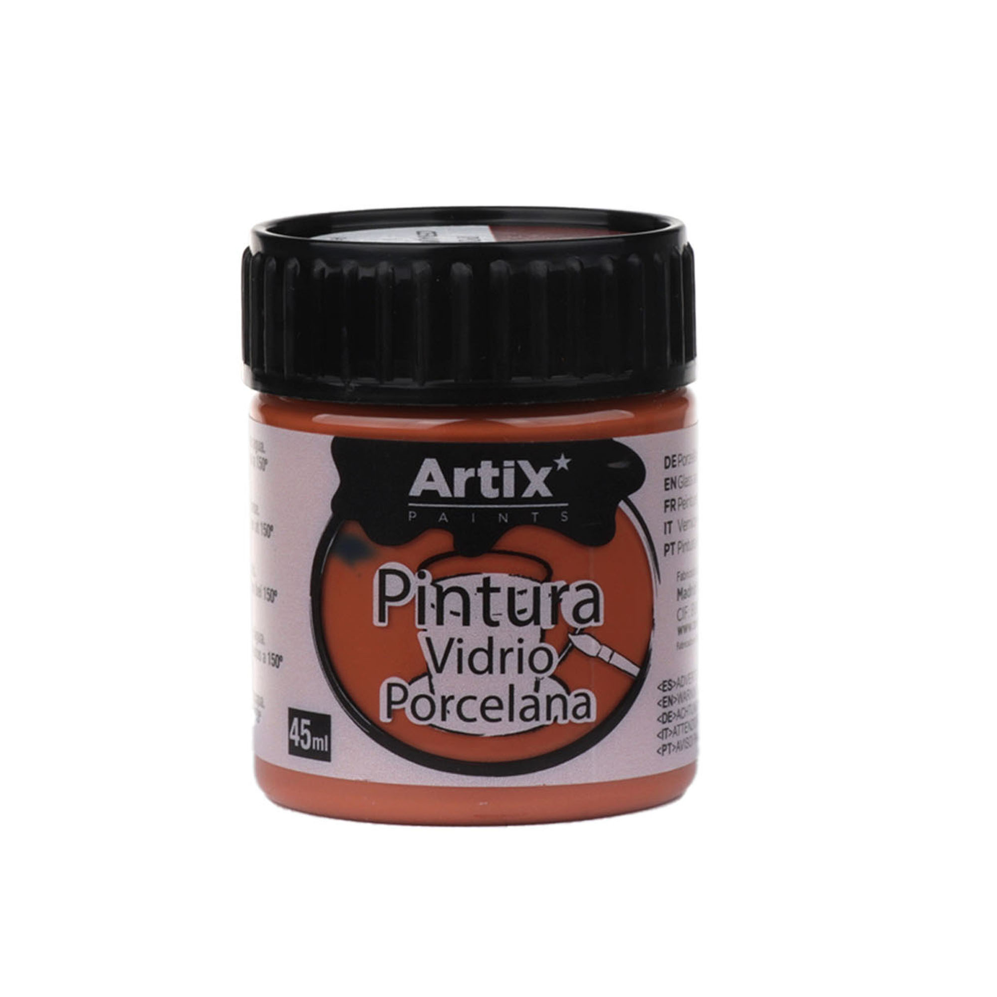 Vernice Artix arancione per vetro e porcellana, flacone da 45ml con tappo nero.