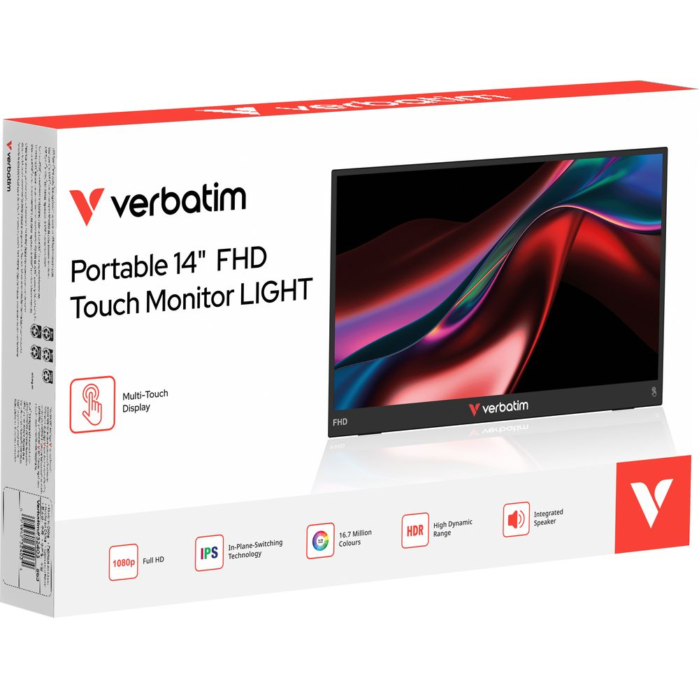 Embalaje Verbatim 14" FHD Touch Monitor LIGHT con imagen del monitor y características.