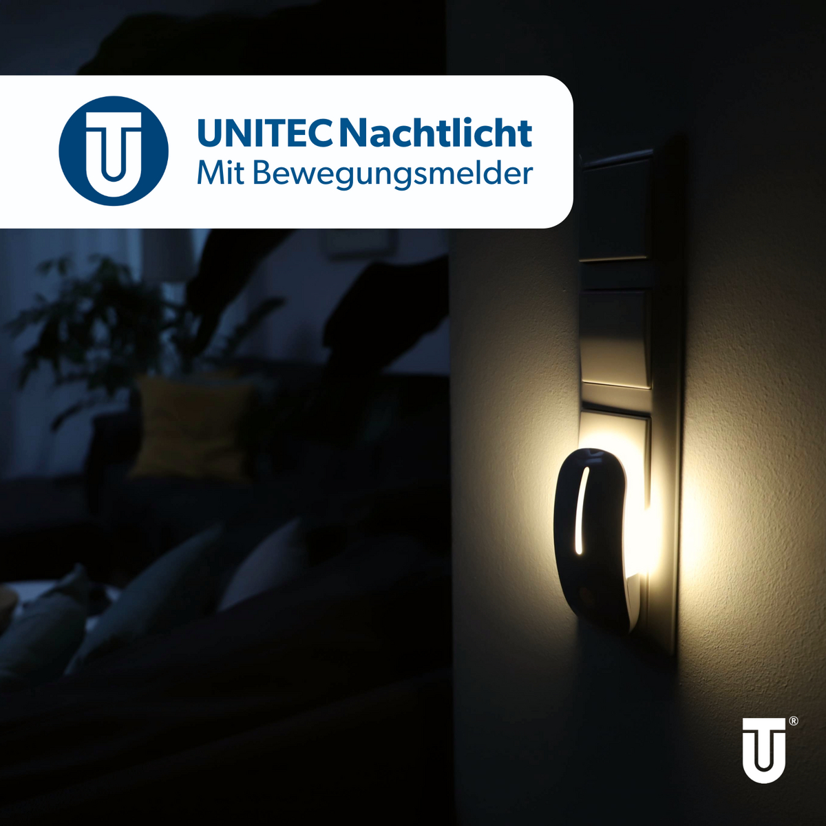 Ein UNITEC Nachtlicht mit Bewegungsmelder leuchtet an einer Wand, neben Lichtschaltern.