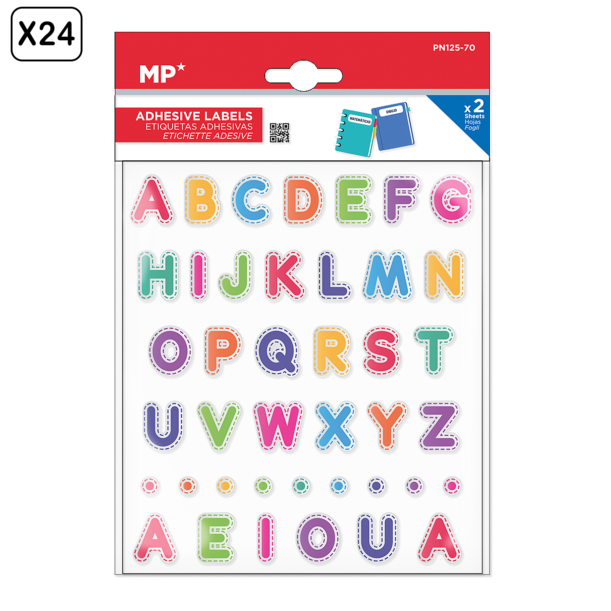 Un paquete de pegatinas de letras coloridas de la A a la Z.