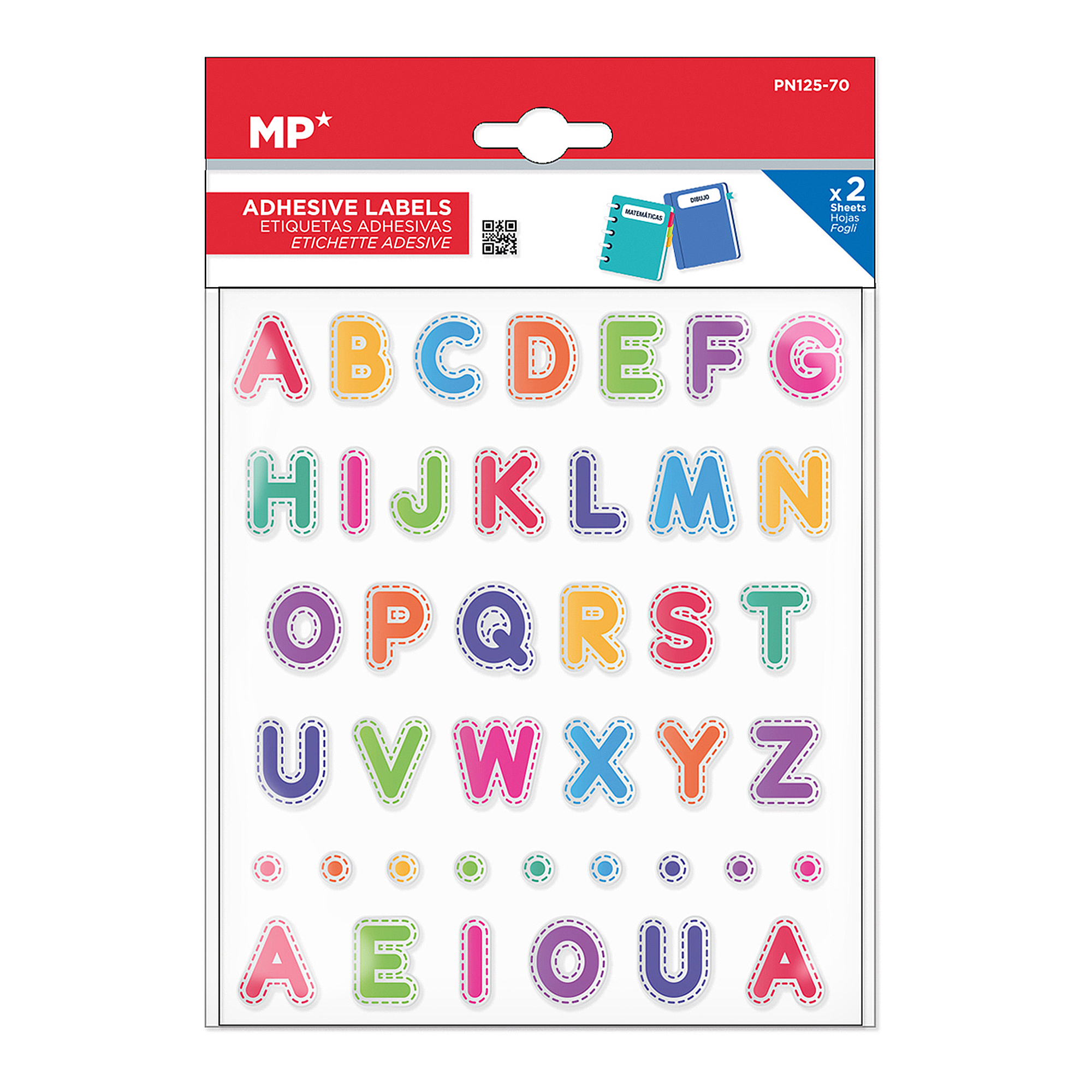 Hoja de pegatinas con letras A-Z y vocales de colores.