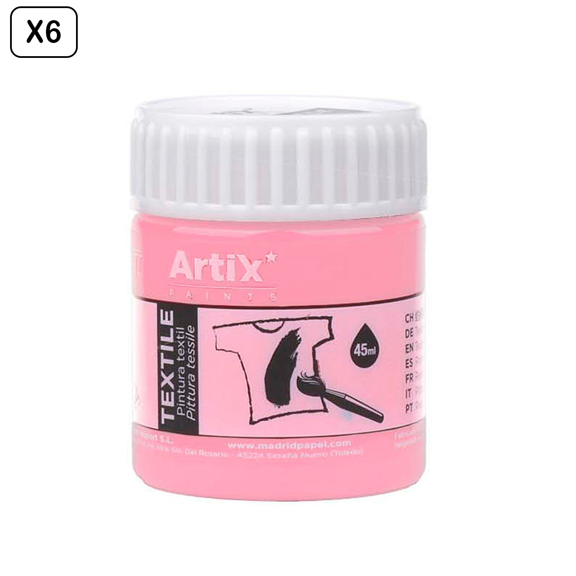 Un barattolo di vernice tessile rosa Artix, 45ml, con disegno di maglietta e pennello.