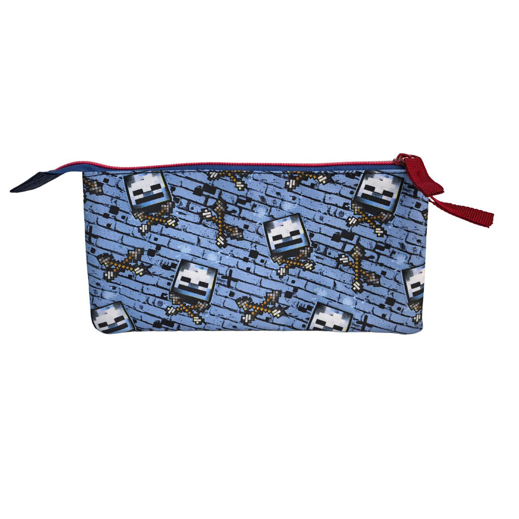 Astuccio blu con motivo Minecraft di scheletri e spade.