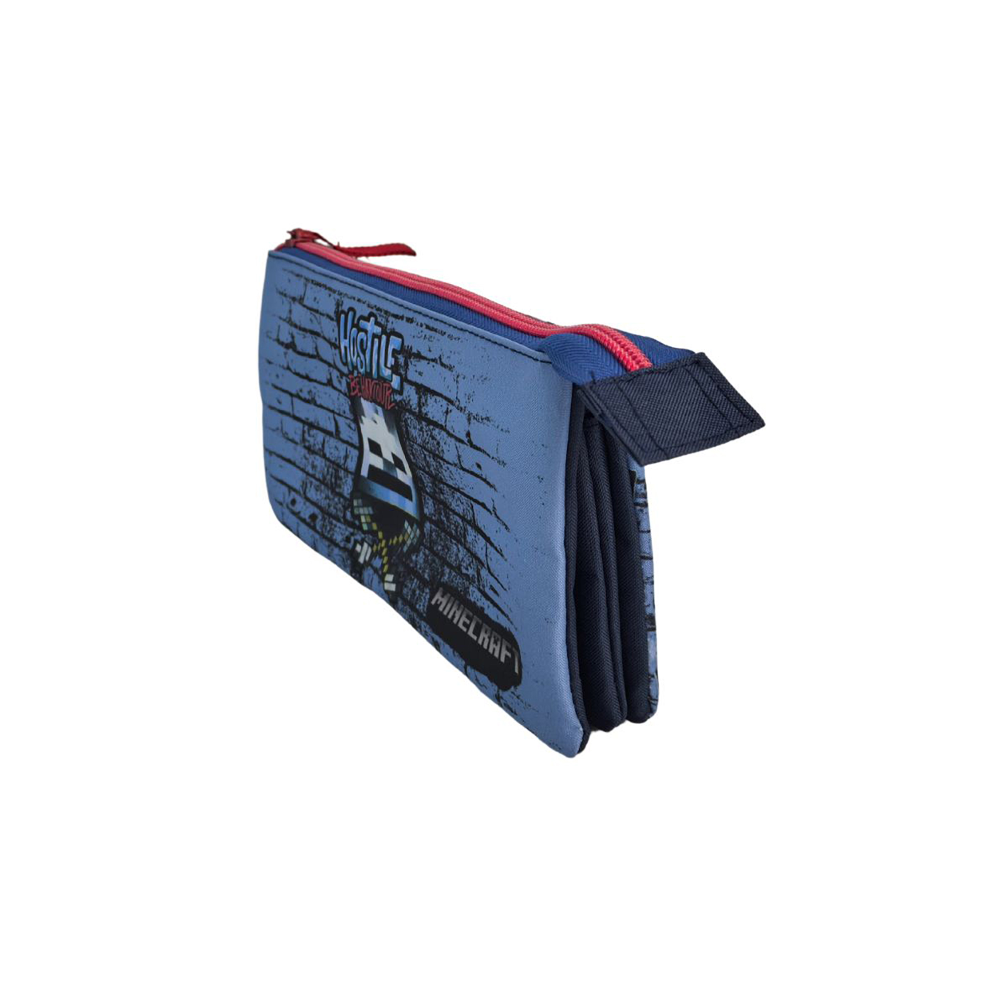 Astuccio blu con stampa Minecraft e zip rossa.