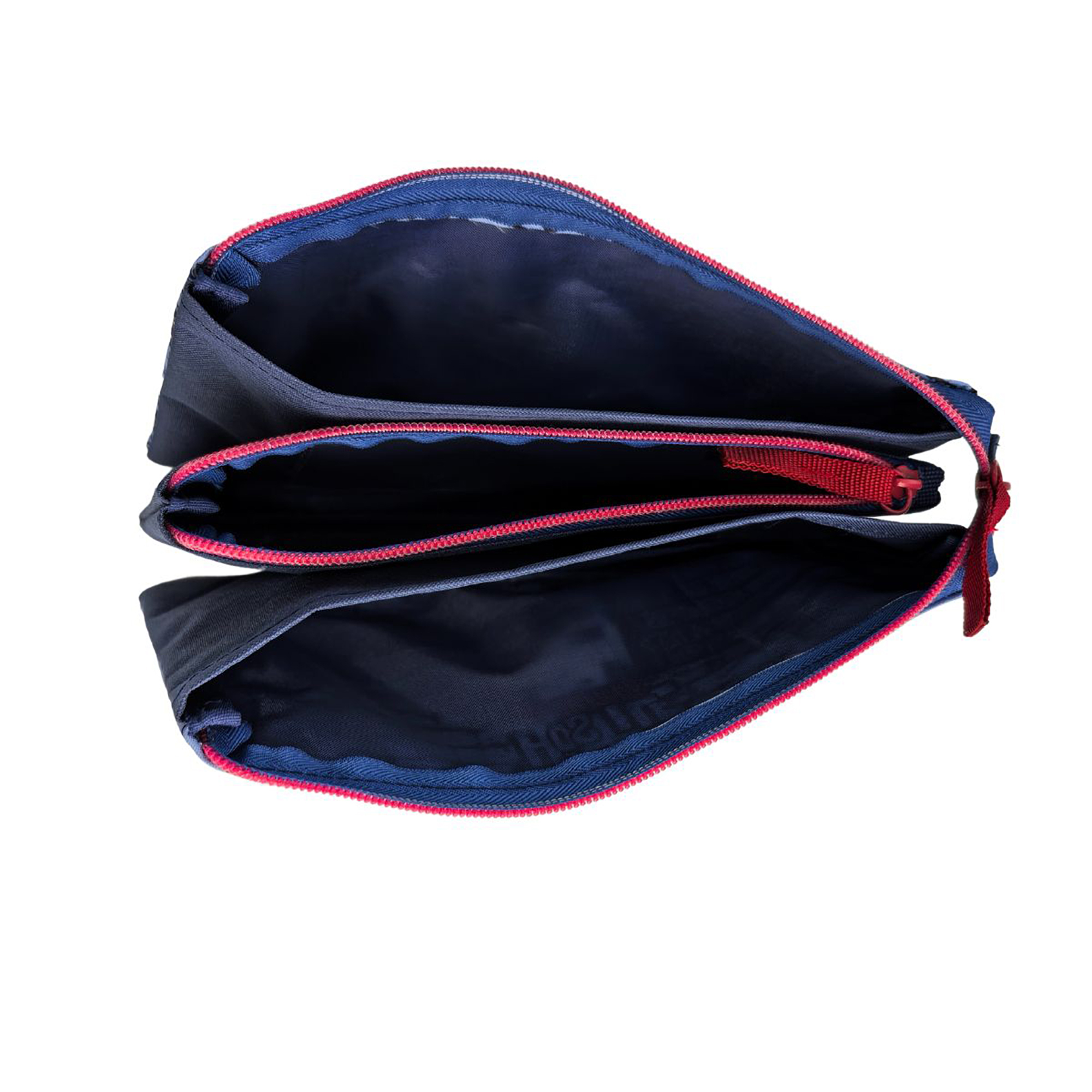 Beauty case blu scuro con tre scomparti e zip rosa.