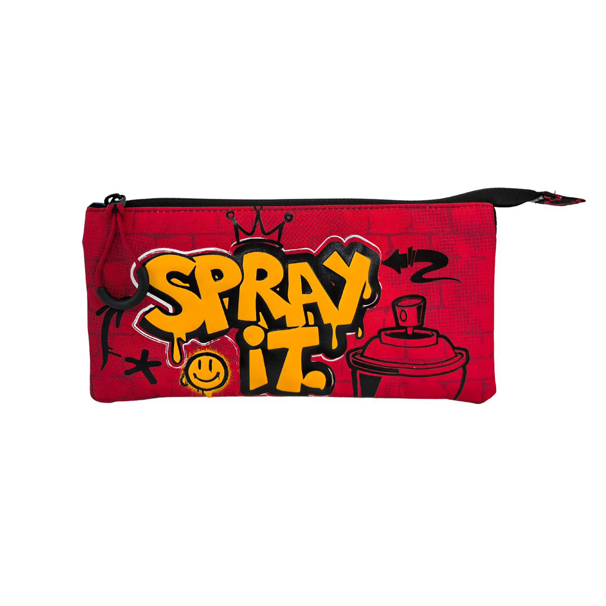 Borsa rossa con stampa graffiti: "SPRAY IT", corona, bomboletta spray, faccina.