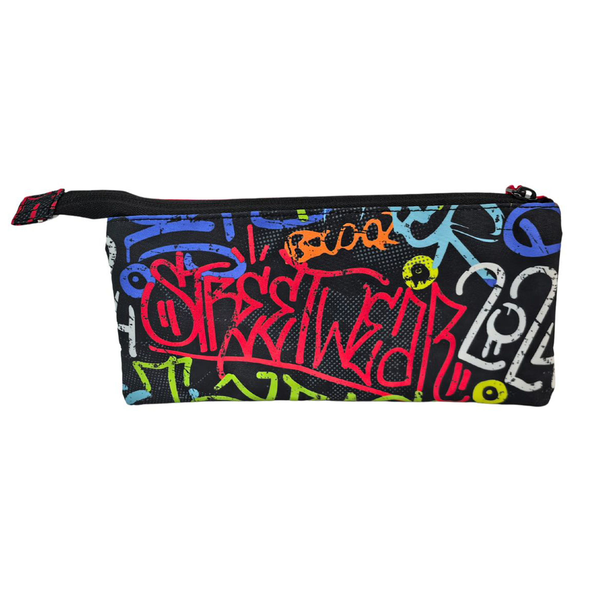 Bustina nera con stampa graffiti in rosso, blu, verde, arancione e bianco.