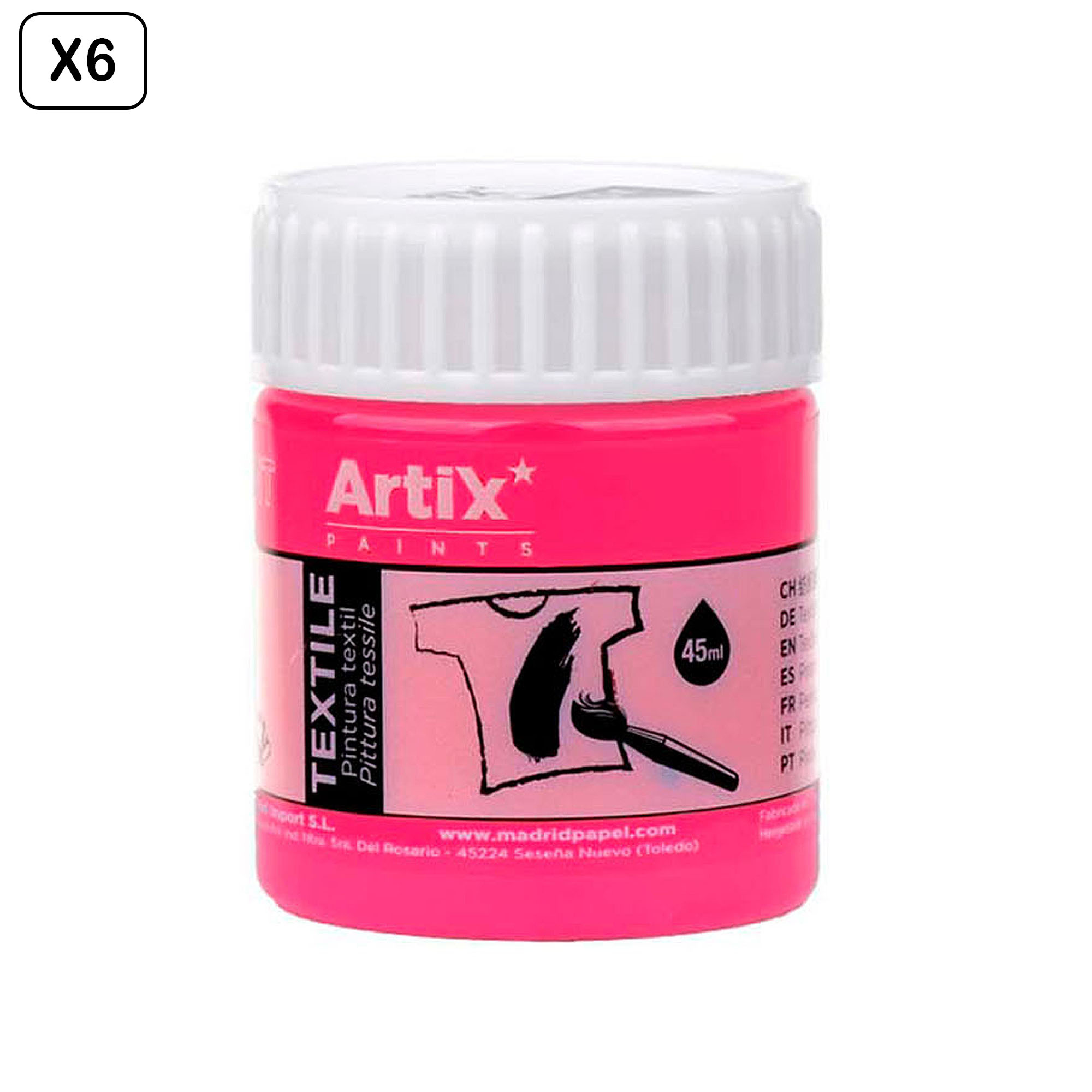 Un contenitore di vernice tessile rosa acceso con coperchio bianco.