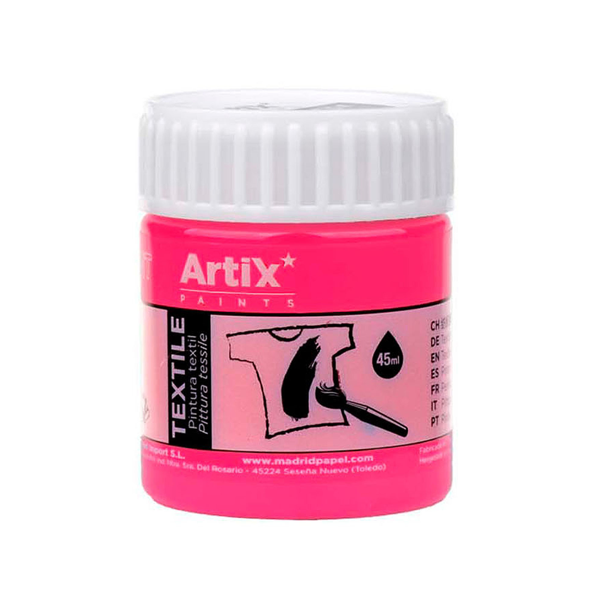 Flacone di vernice tessile rosa con tappo bianco e disegno maglietta.