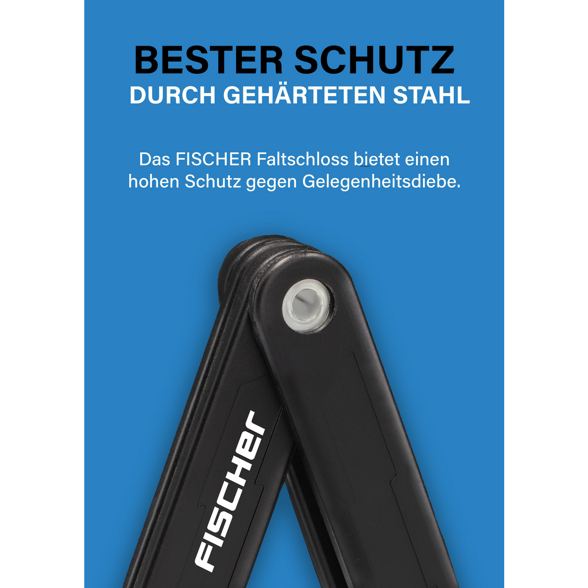 Ein schwarzes Faltschloss der Marke Fischer auf blauem Hintergrund.