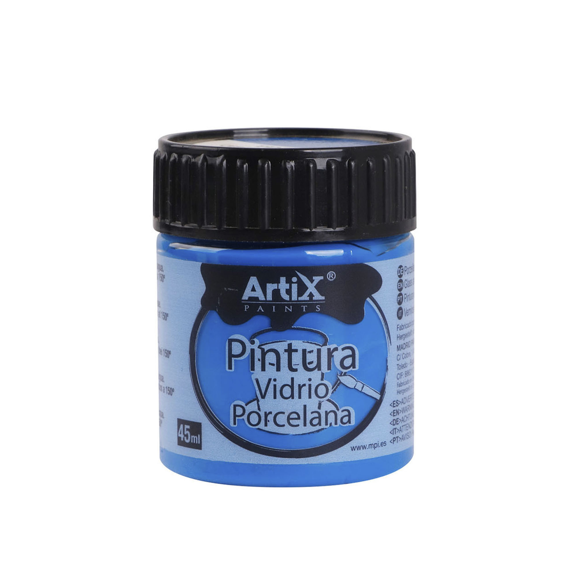 Una bottiglia blu di vernice per vetro e porcellana Artix Paints, 45ml.