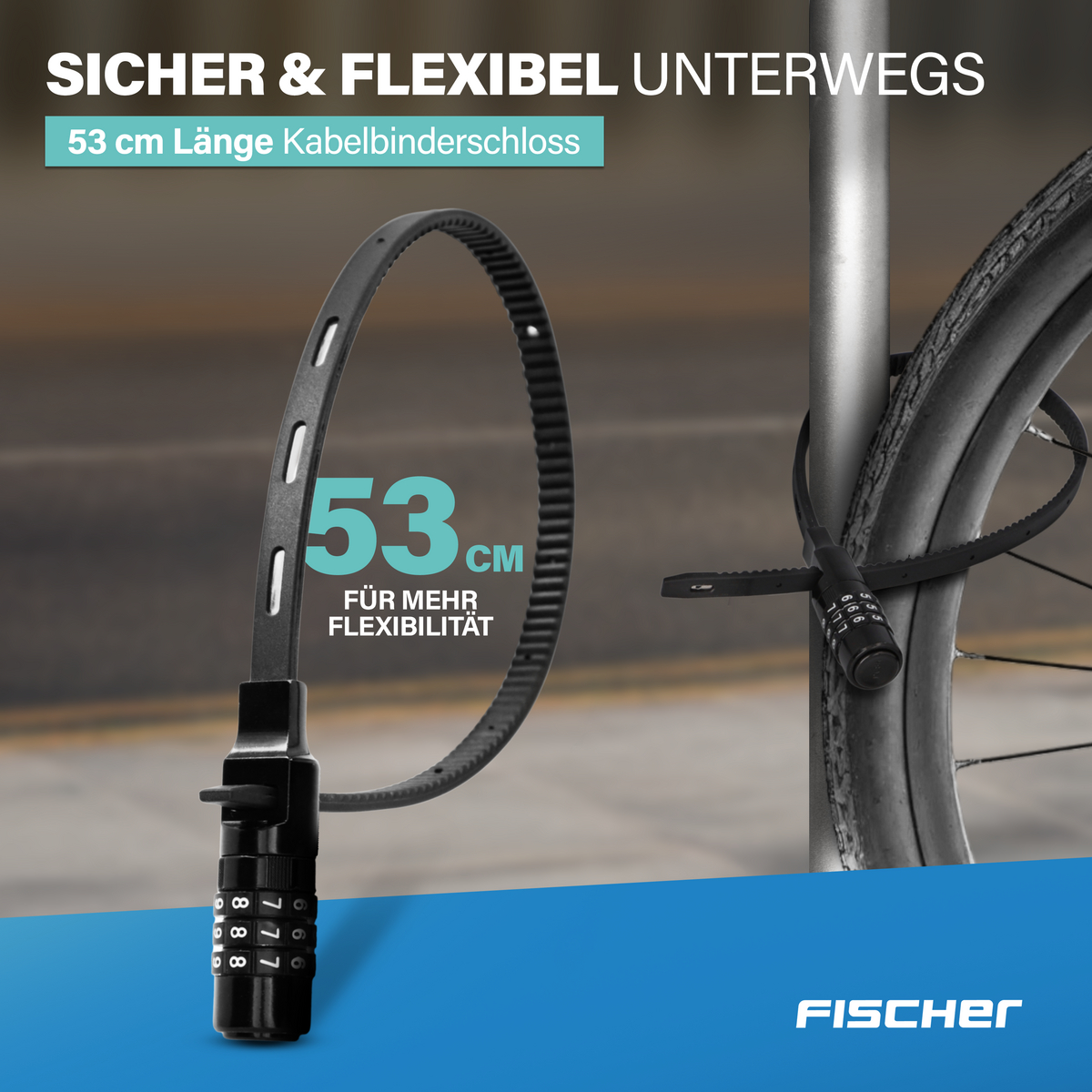 Schwarzes Fahrradschloss mit 53 cm Länge und Zahlenschloss an einer Stange.