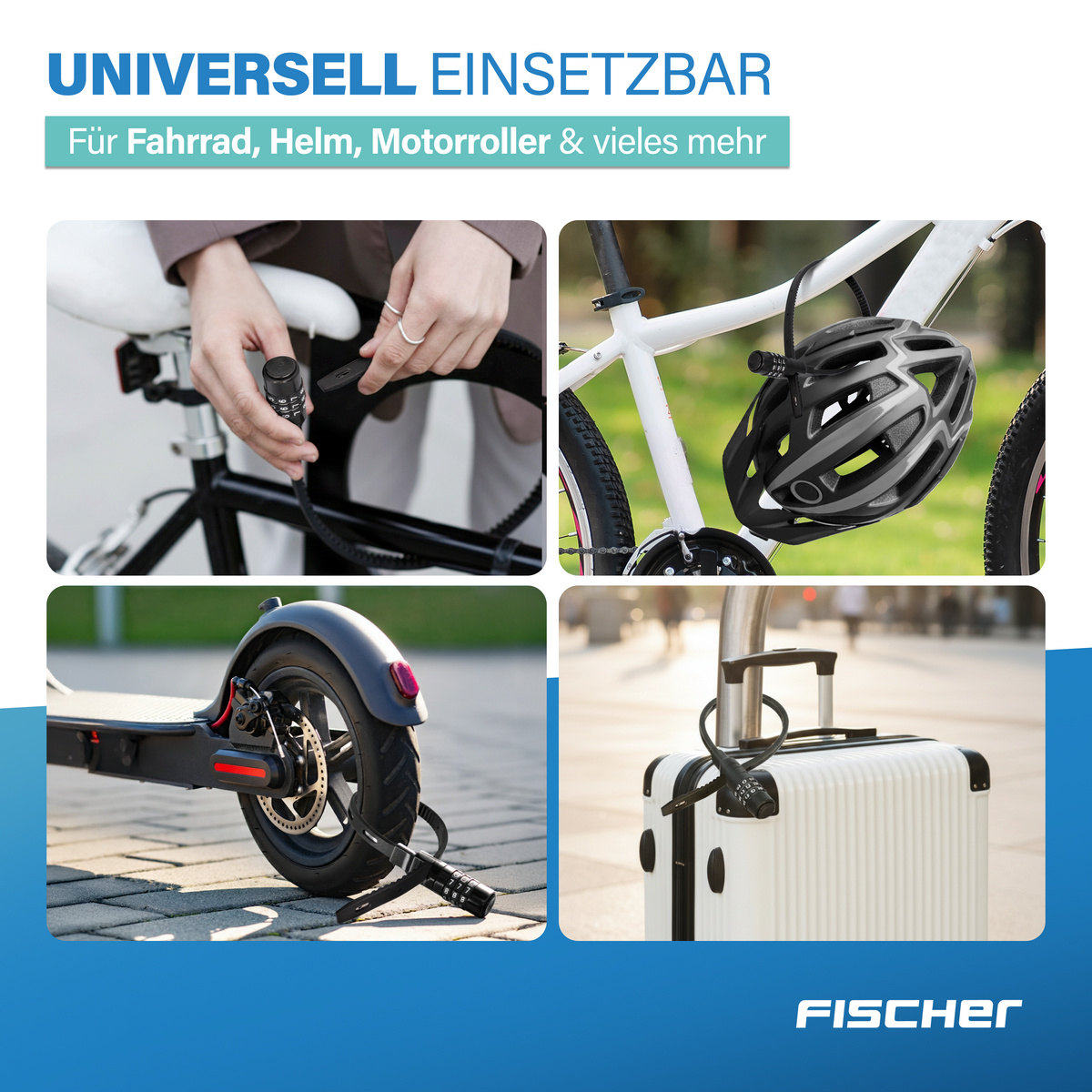Vier Bilder zeigen Schlösser für Fahrrad, Helm, Elektroroller und Koffer.