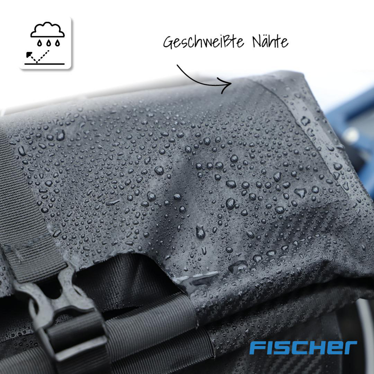 Schwarze Tasche mit Regentropfen und "Fischer" Logo. "Geschweißte Nähte" Beschriftung.