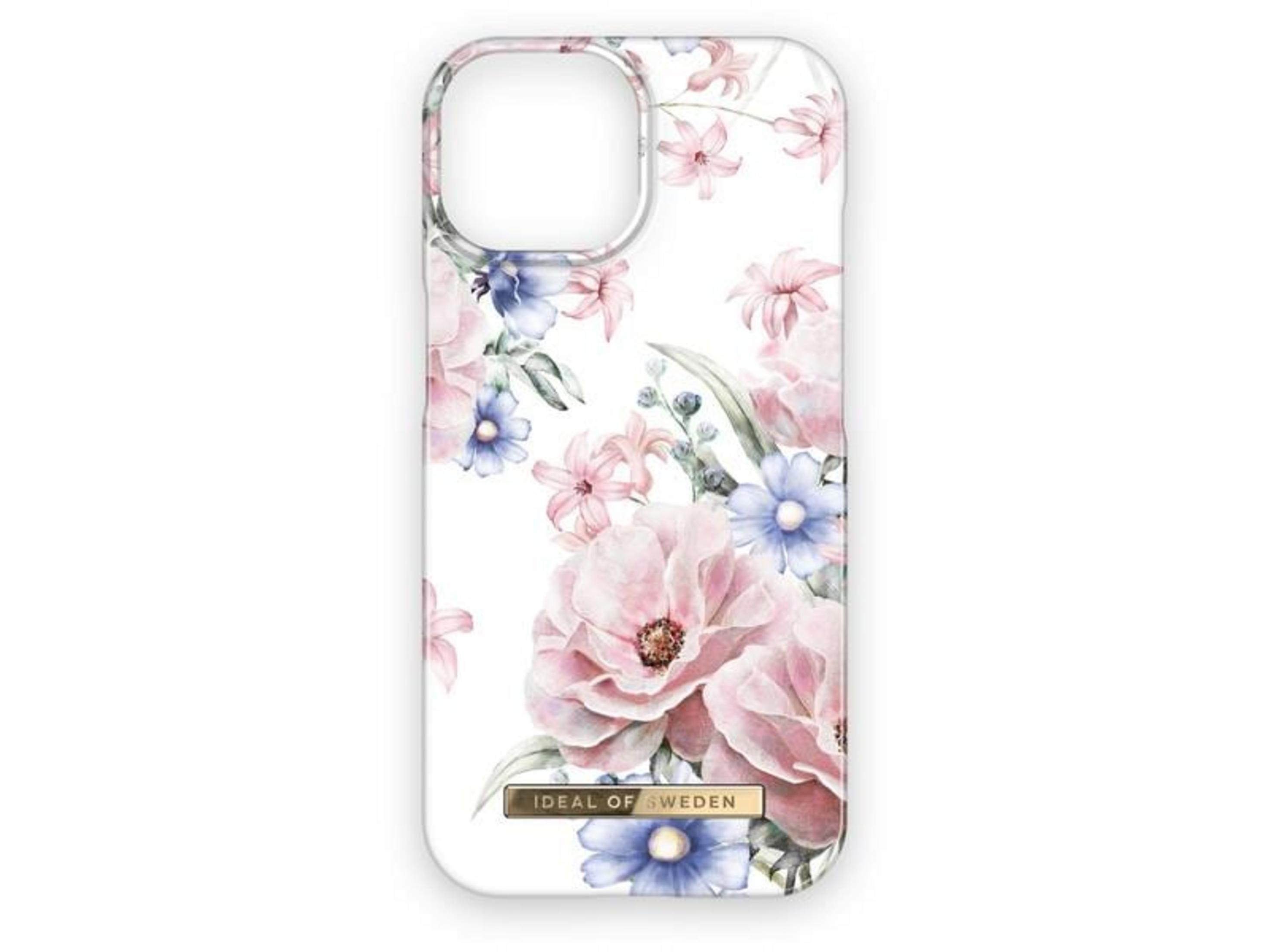 Weiße Handyhülle mit rosa und blauen Blumen und einem goldenen Logo.