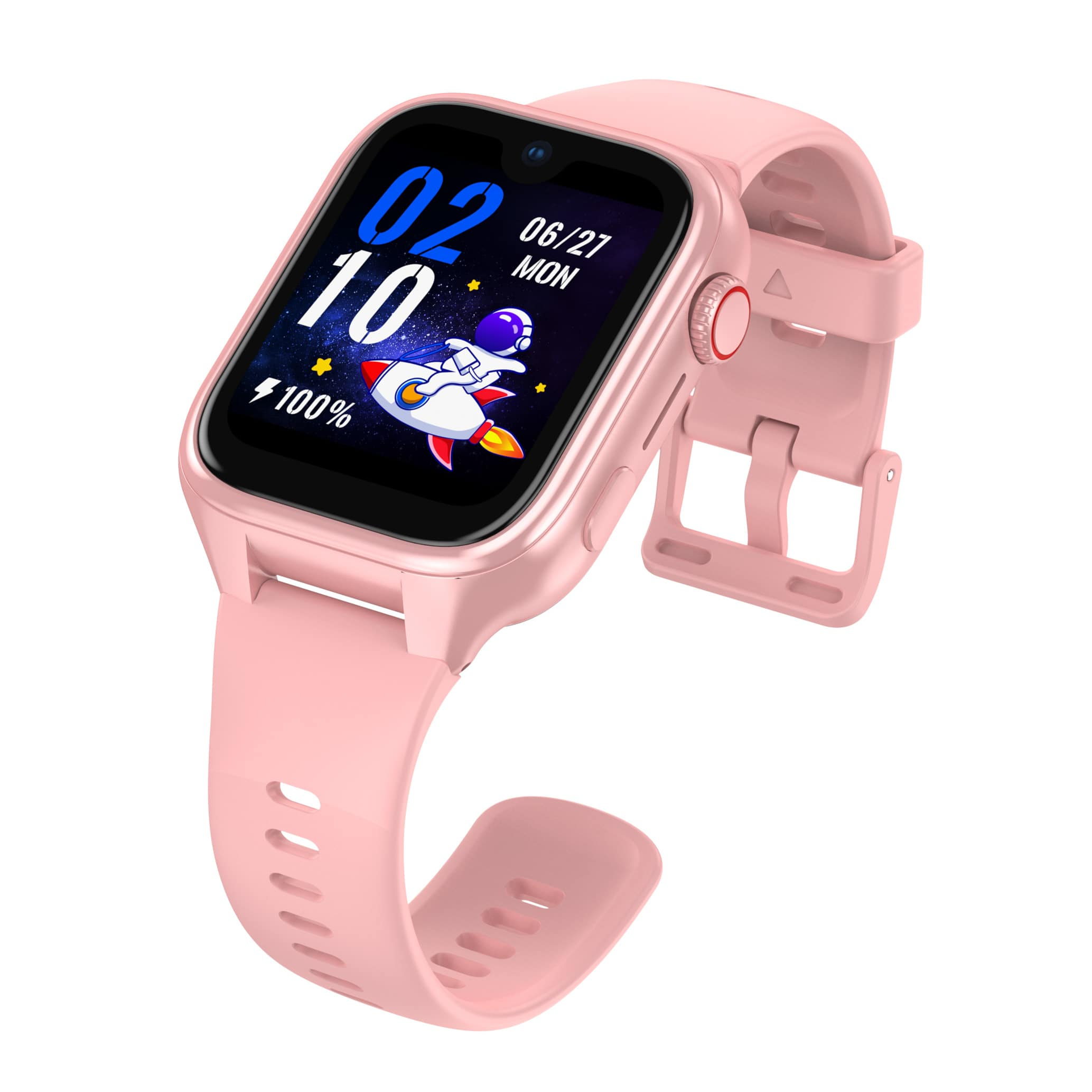 Różowy smartwatch z motywem kosmicznym i grafiką astronauty.