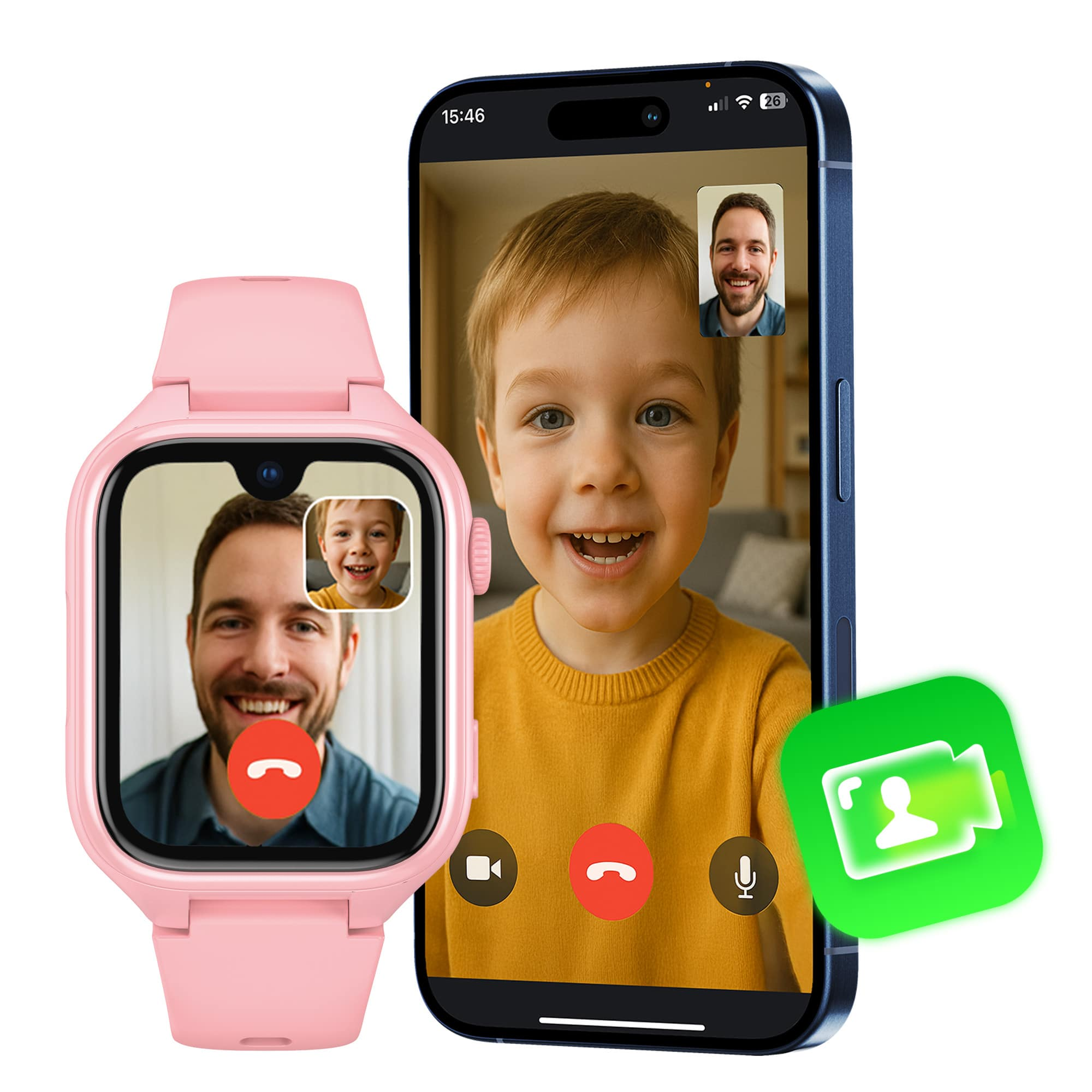 Różowy smartwatch i niebieski smartfon wyświetlają rozmowy wideo. Zielona ikona kamery.