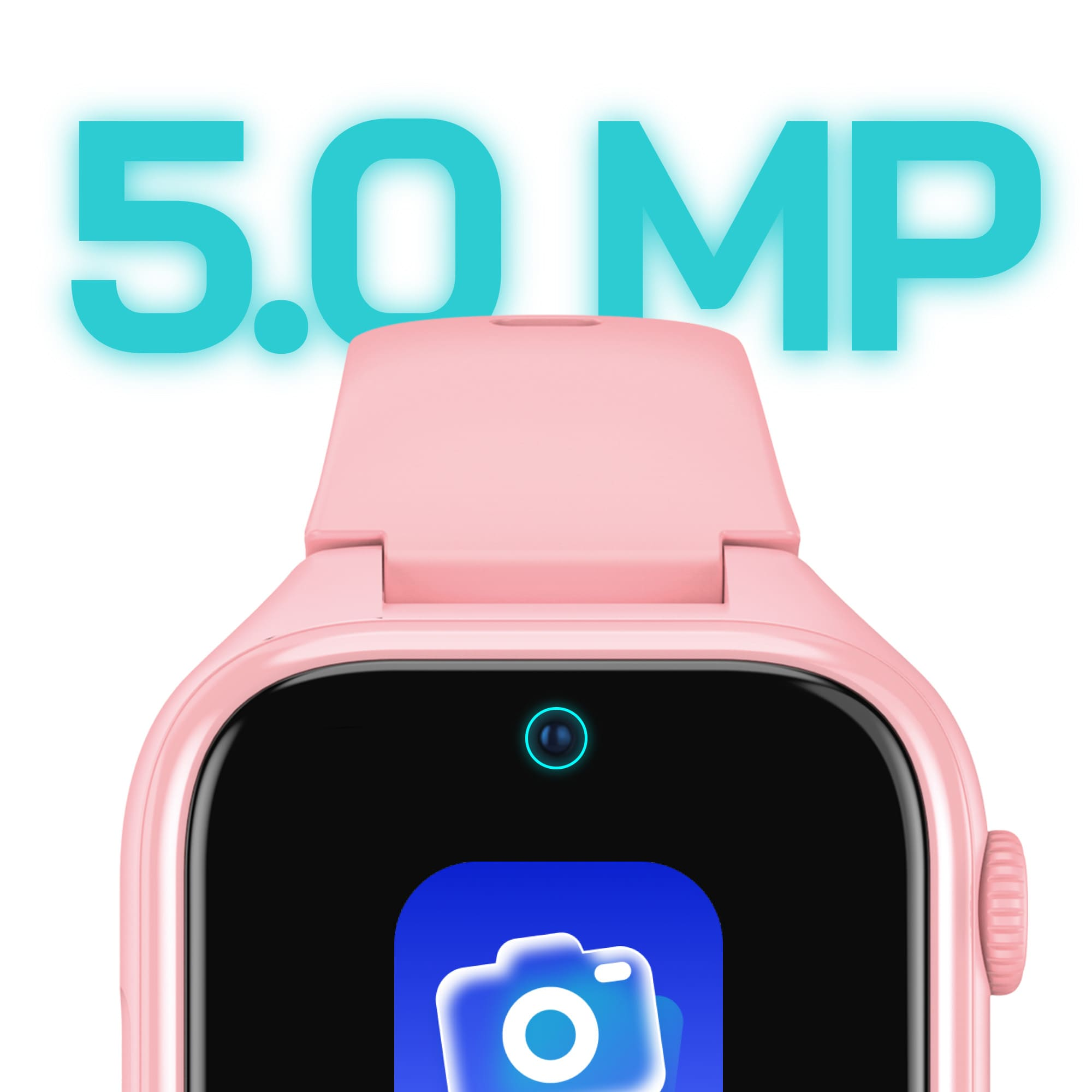 Różowy smartwatch z ikoną aparatu 5.0 MP na ekranie.