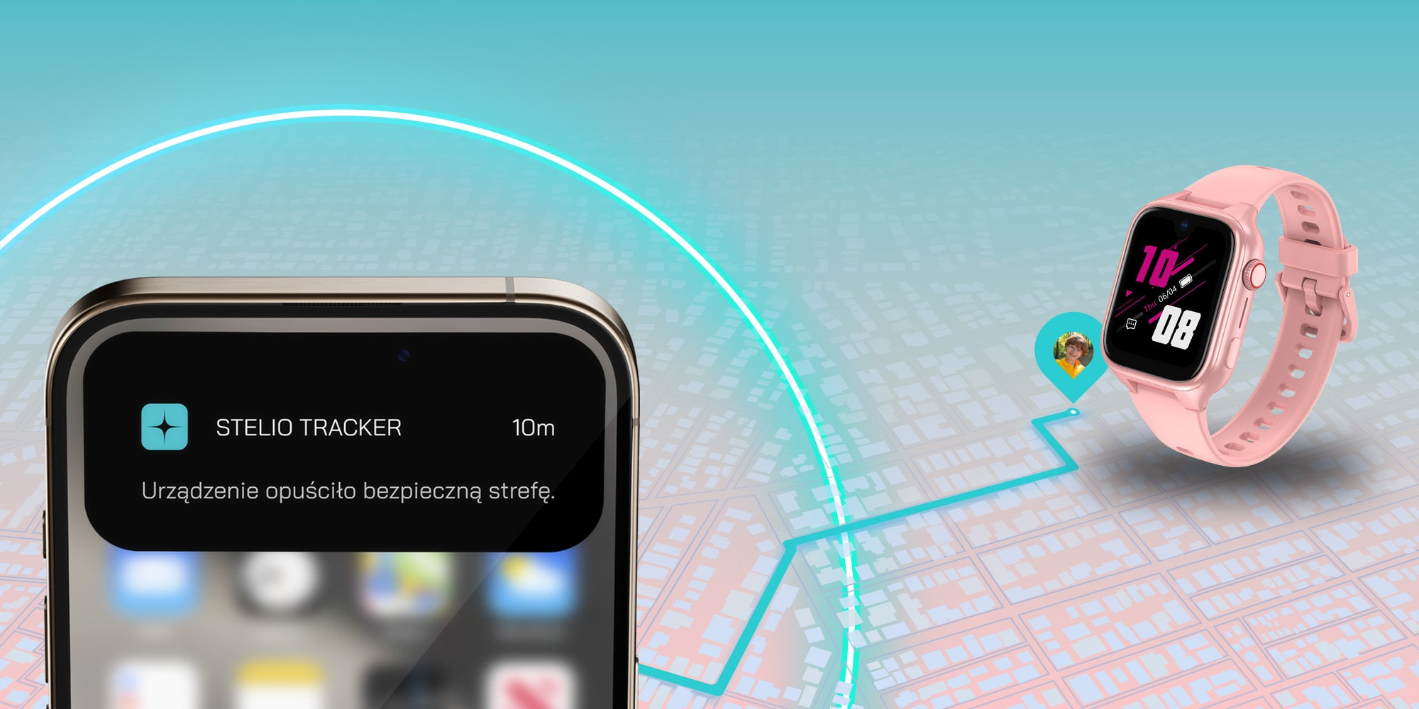 Różowa smartwatch i smartfon wyświetlają powiadomienie o strefie bezpieczeństwa.