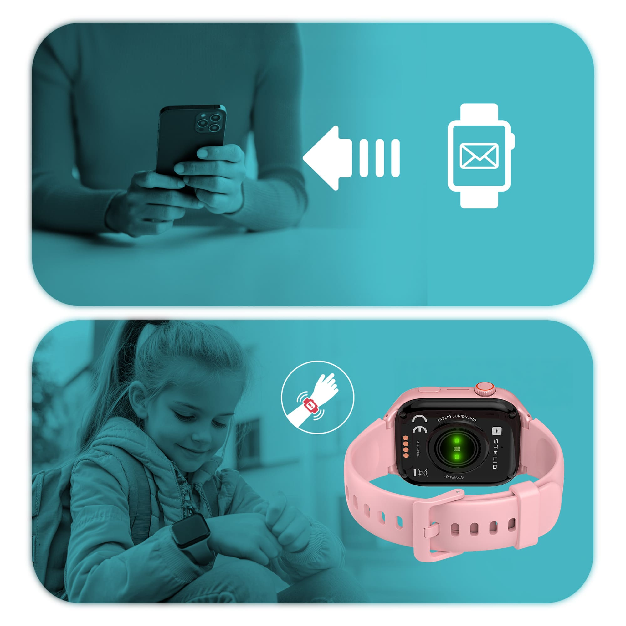 Osoba korzysta ze smartfona, a strzałka wskazuje na smartwatch.