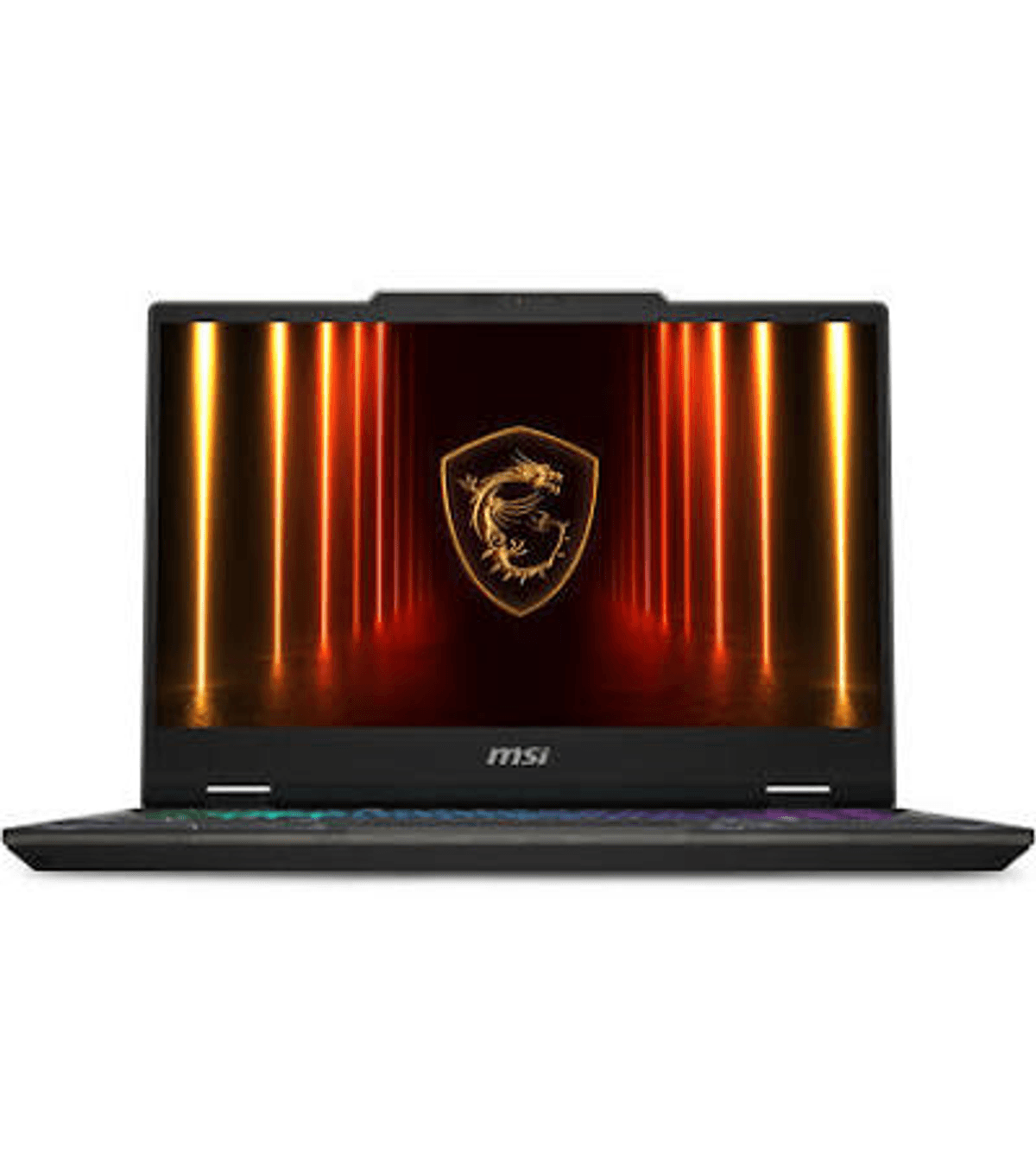 Un portátil MSI negro con logo MSI brillante y luces verticales rojas/naranjas.
