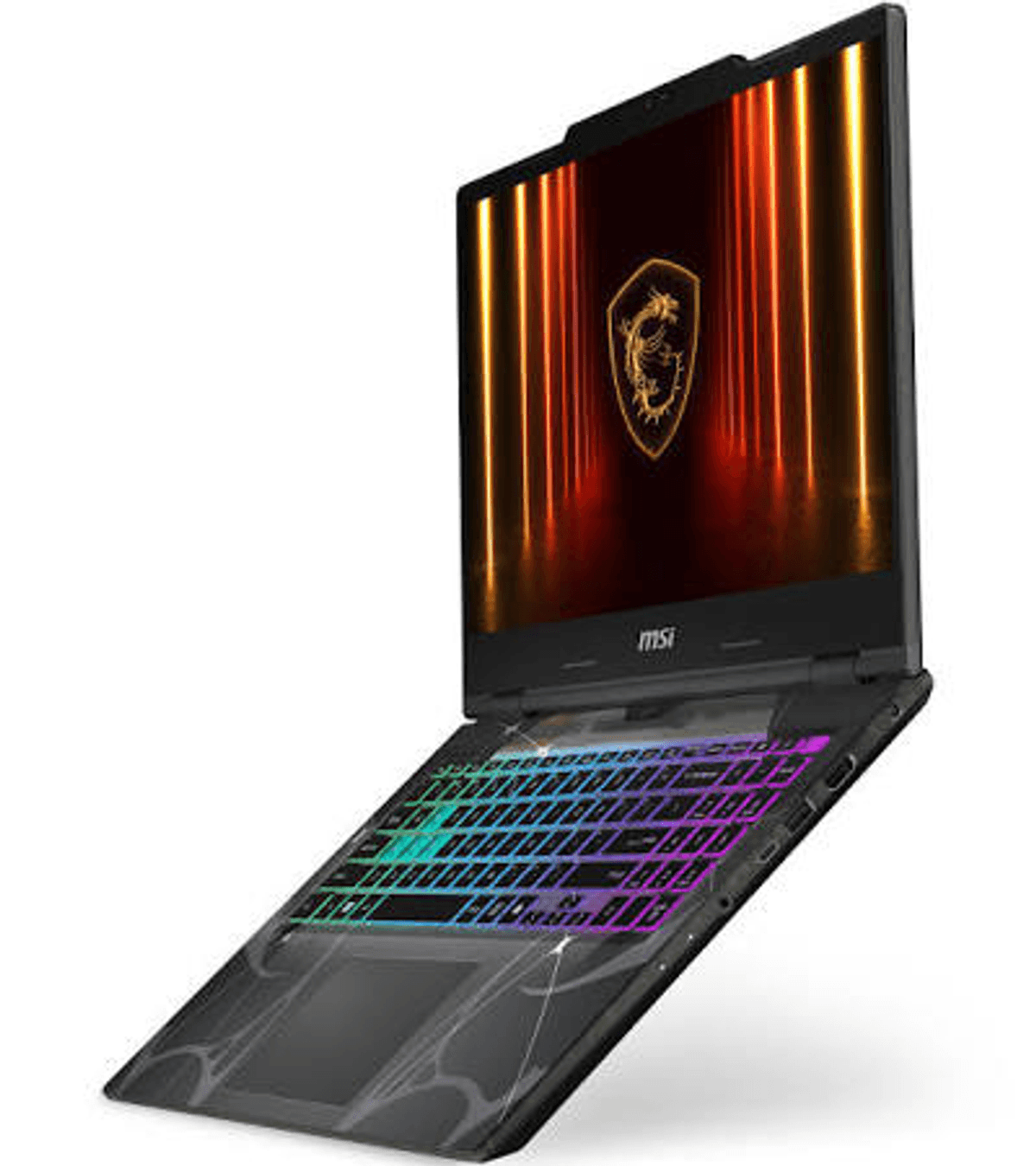 Un portátil abierto con teclado retroiluminado y logo de MSI en pantalla.