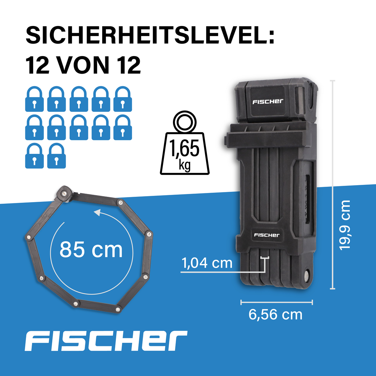 Fischer Fahrradschloss mit Sicherheitslevel 12/12, 1,65kg, 85cm Umfang.