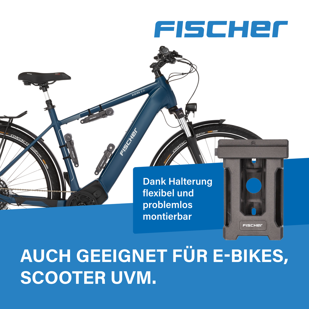 Ein blaues E-Bike mit Fischer-Logo, einem Halter und Text.