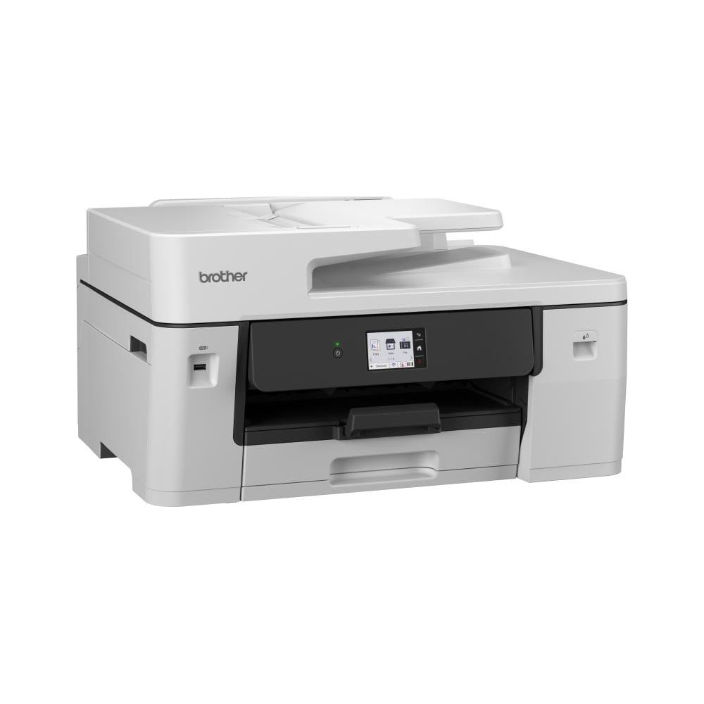 Una stampante Brother bianca con scanner e display touchscreen.
