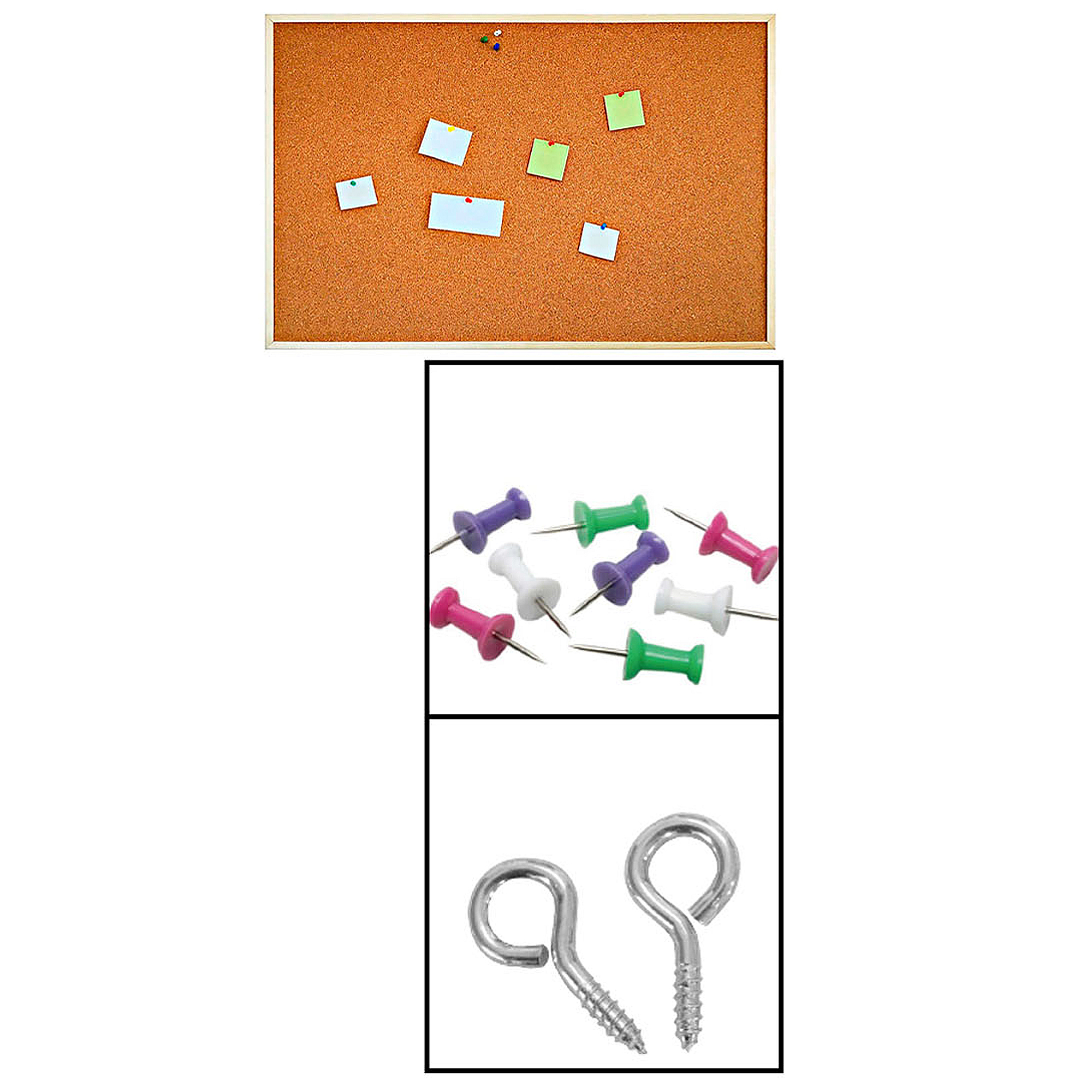 Una bacheca con post-it, puntine colorate e due viti a occhio.