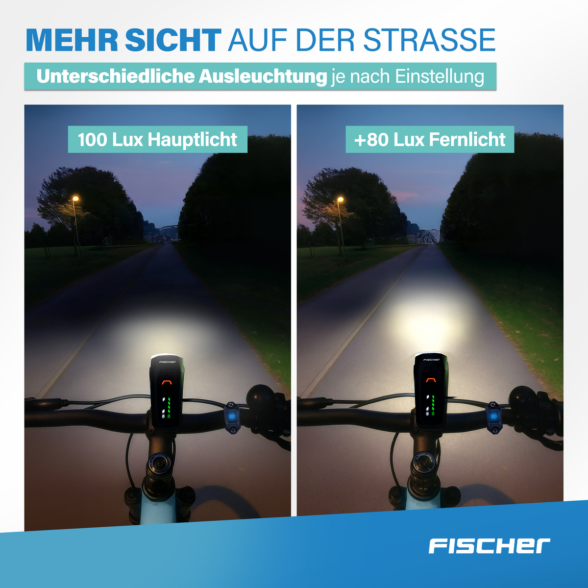 Zwei Fahrradlichter im Vergleich: 100 Lux Hauptlicht vs. +80 Lux Fernlicht.