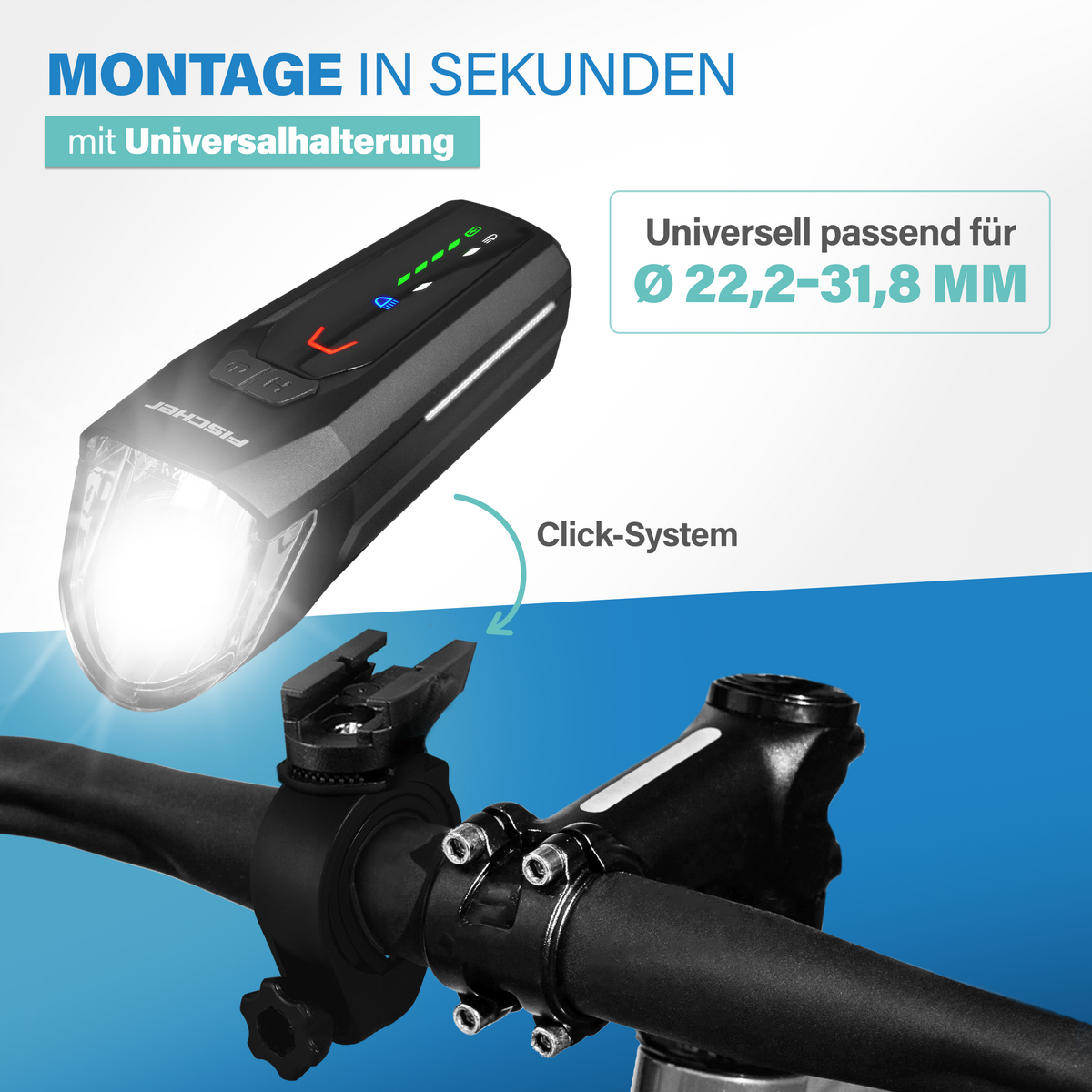 Schwarze Fahrradlampe mit Befestigung am Lenker, Montage in Sekunden.