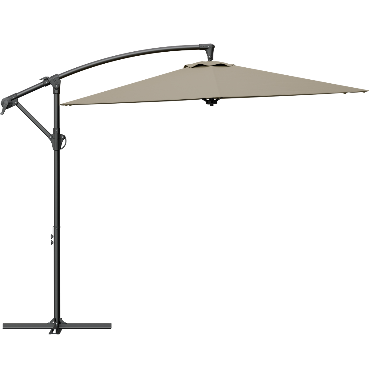 Een rechthoekige zweefparasol met een paal aan de zijkant en een bruin doek.