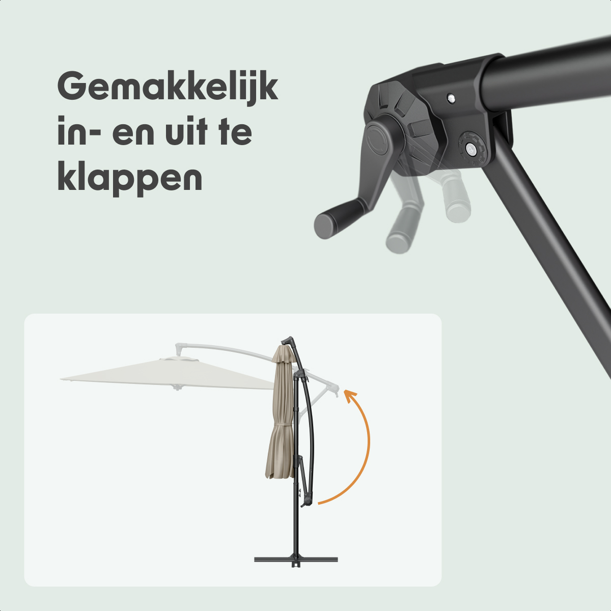 Een parasol wordt getoond die wordt geopend en gesloten met een slinger en illustratie.