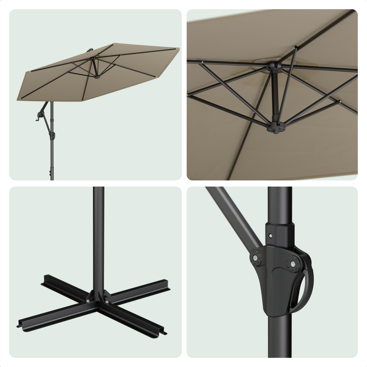 Een rechthoekige parasol met beige luifel en zwart frame.