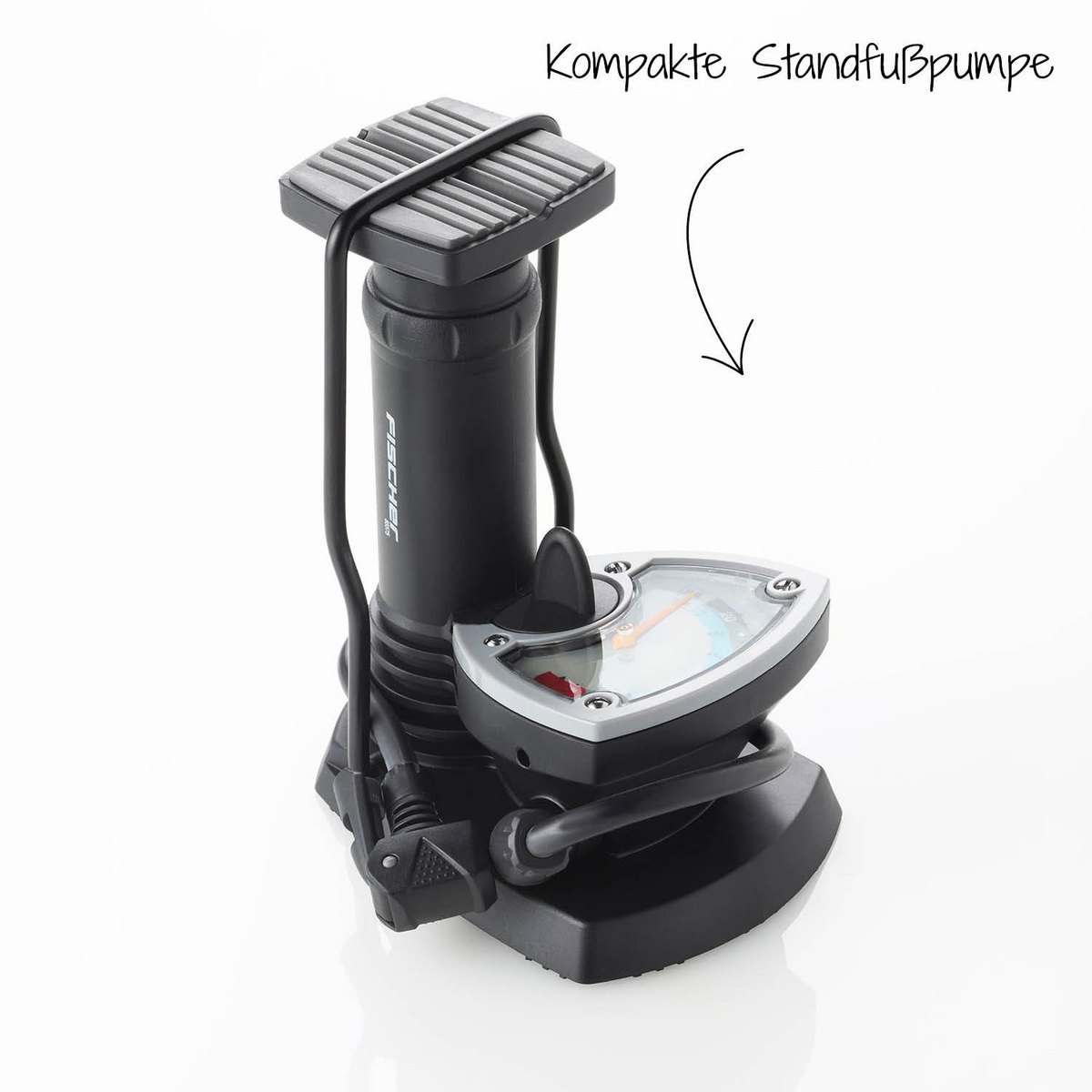 Schwarze Standluftpumpe mit Manometer und Fußpedal auf weißem Hintergrund.
