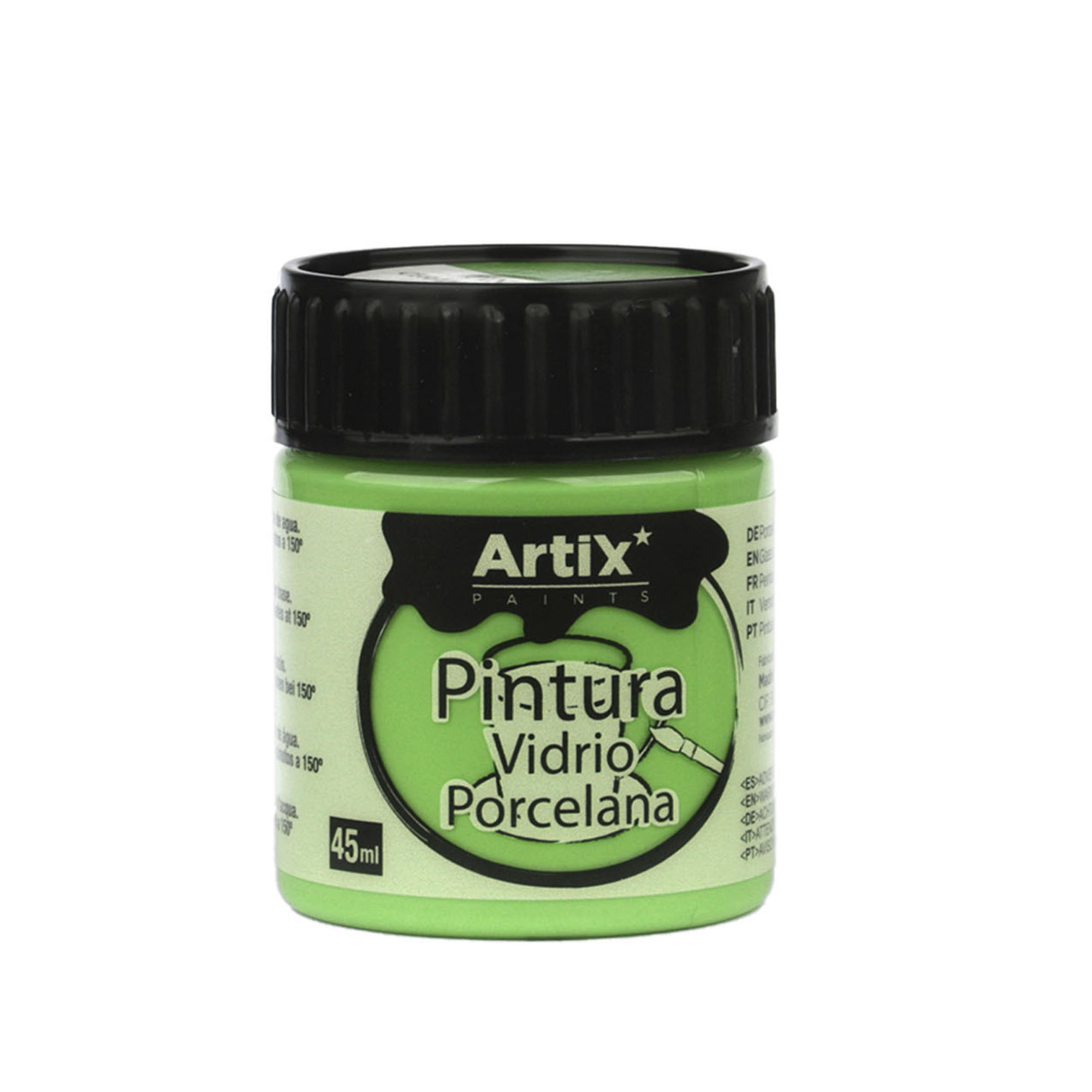Vernice verde per vetro Artix, 45ml, con istruzioni multilingue.