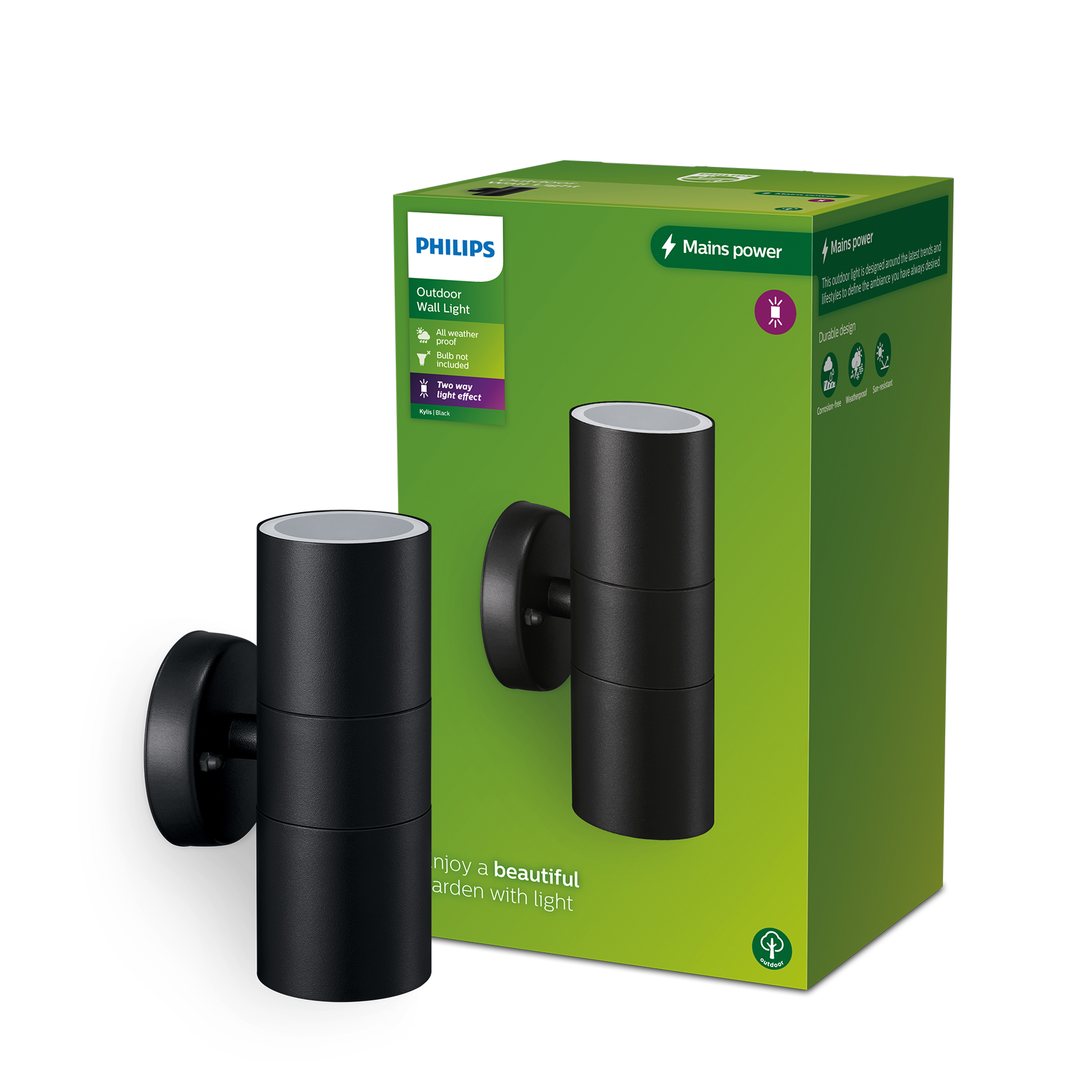 Zwarte buitenwandlamp met verpakking, van Philips.