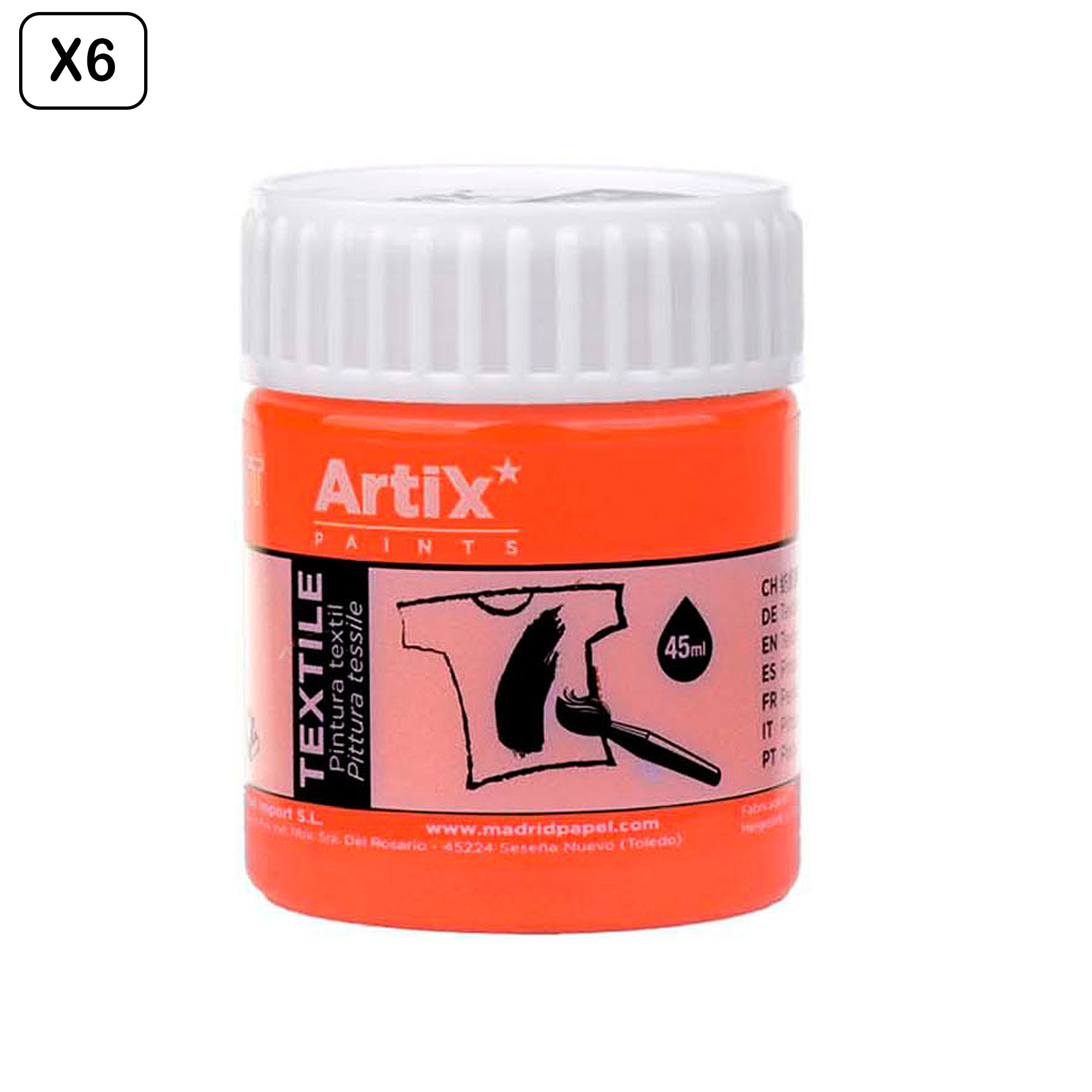 Vernice tessile Artix arancione, 45ml, con pennello su maglietta.