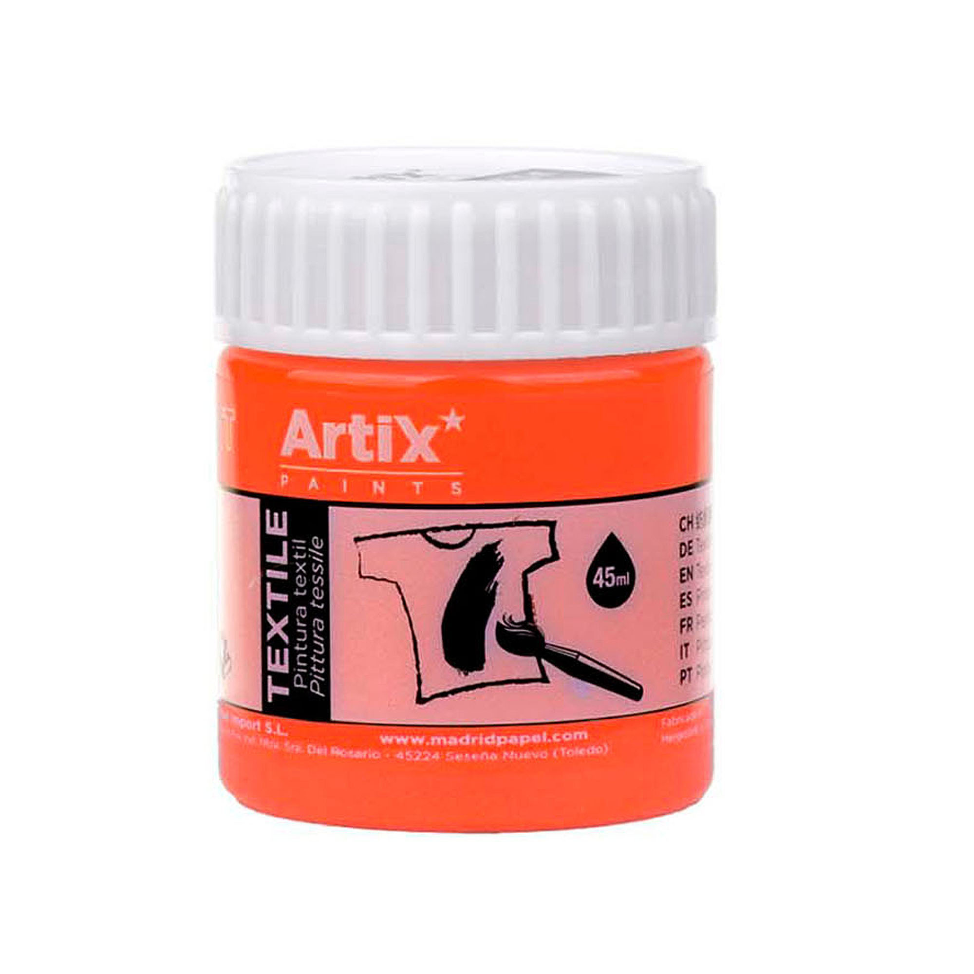 Vernice tessile arancione Artix, 45ml, con pennello e grafica maglietta.