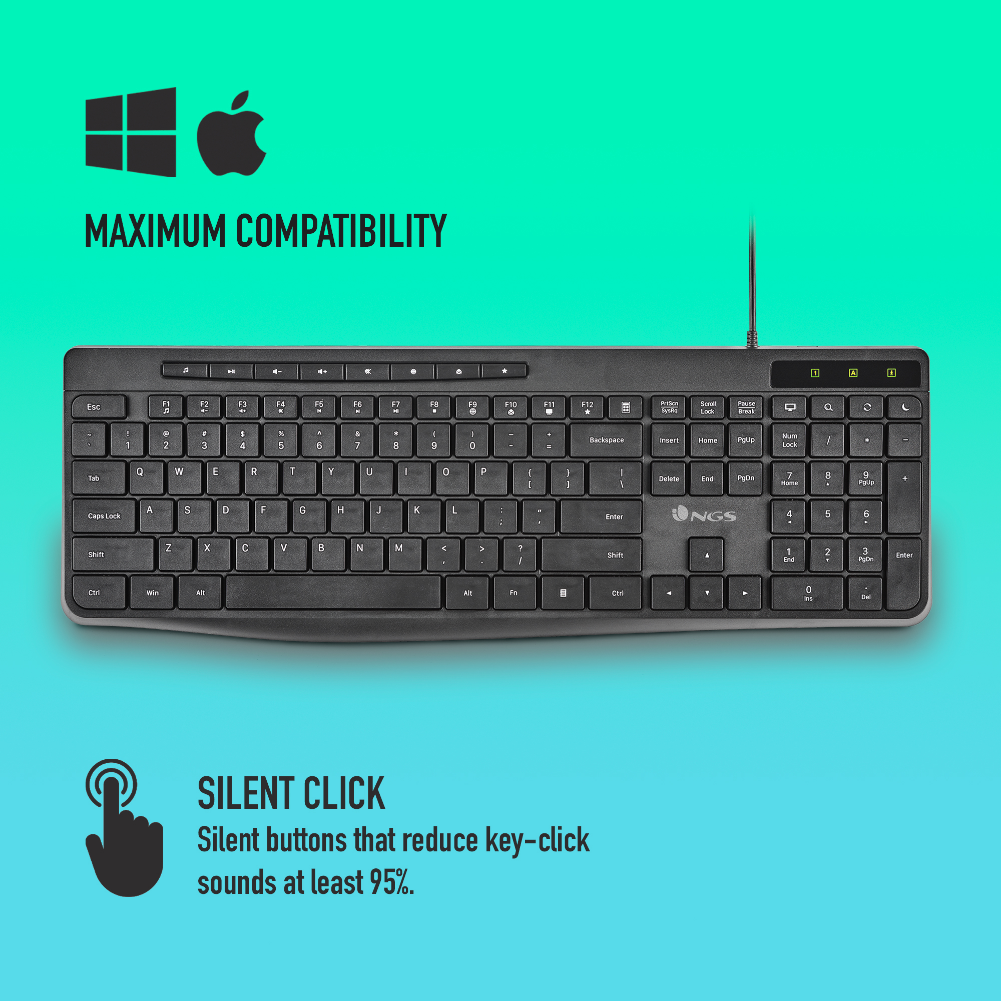 Tastiera nera con loghi Windows e Apple, testo 'MAXIMUM COMPATIBILITY'.