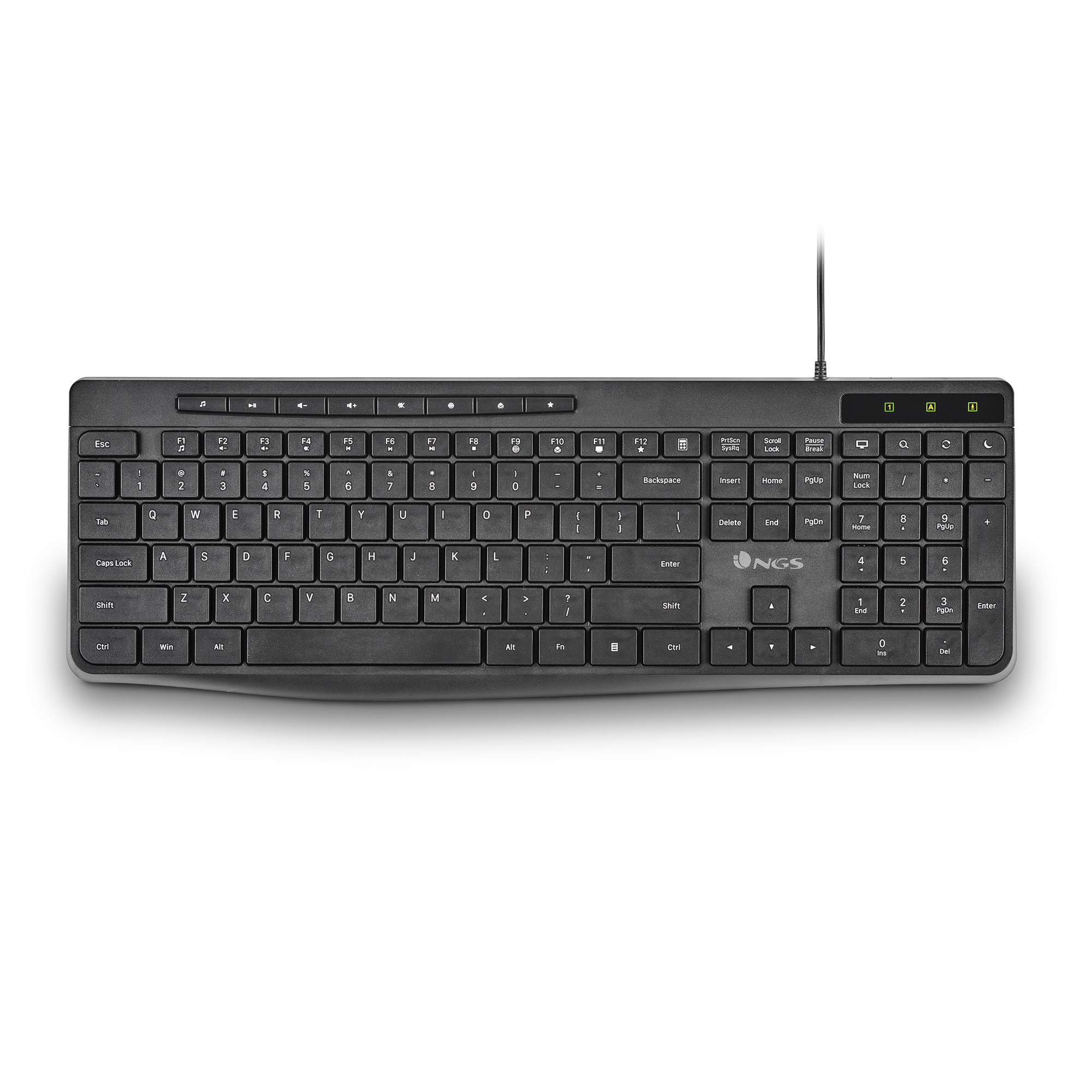 Una tastiera NGS nera con cavo, layout QWERTY completo e tastierino numerico.