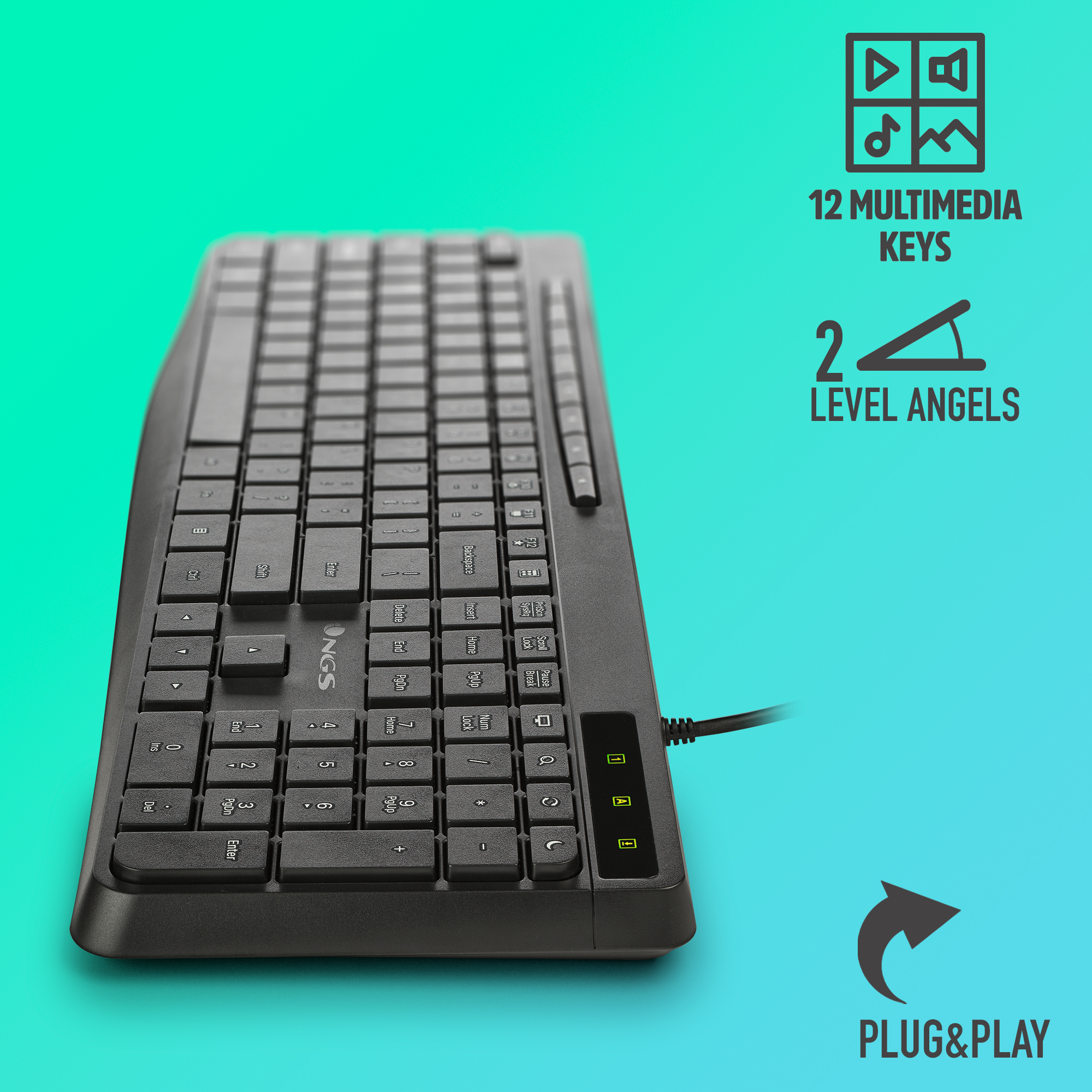 Tastiera nera cablata con tasti multimediali, 2 livelli di angolazione, plug & play.