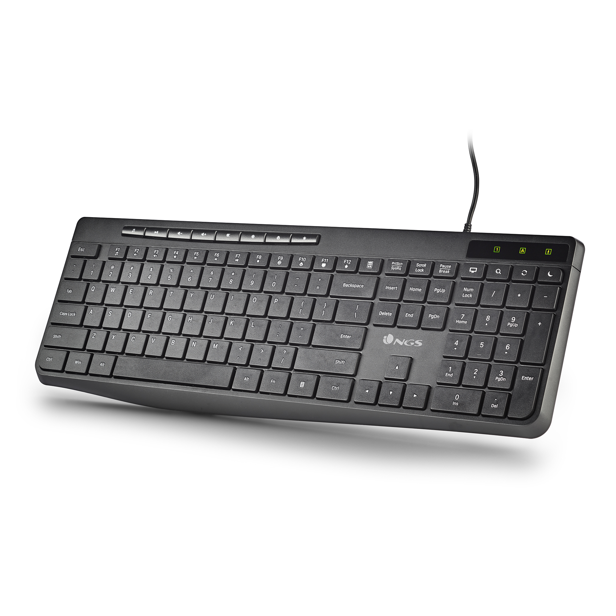 Tastiera cablata NGS nera con layout QWERTY e tastierino numerico.