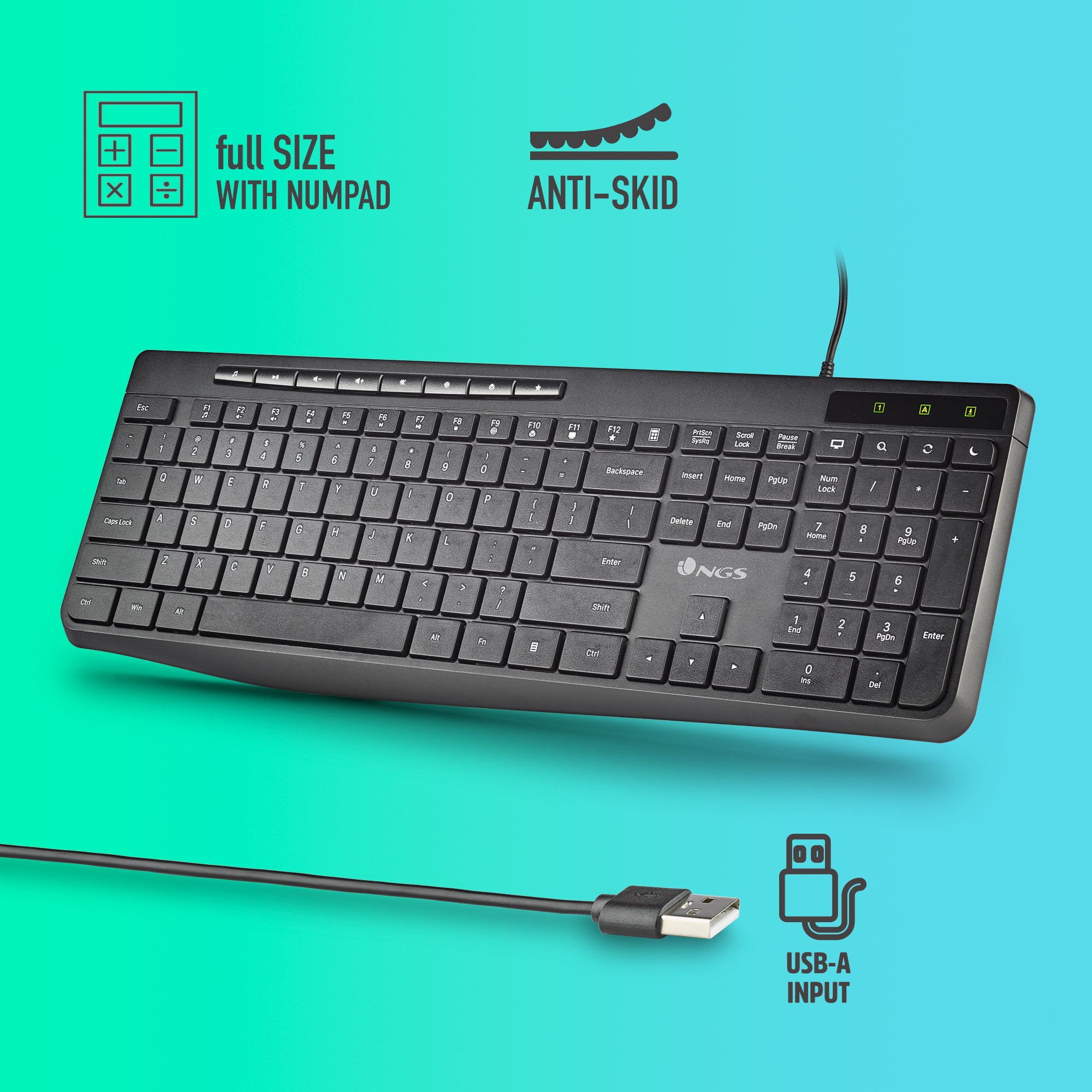Tastiera nera full-size con tastierino numerico e connessione USB.