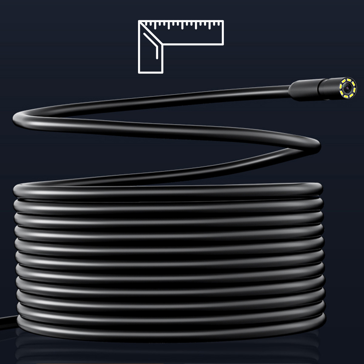 Czarny kabel endoskopu z kamerą i ikoną narzędzia pomiarowego.