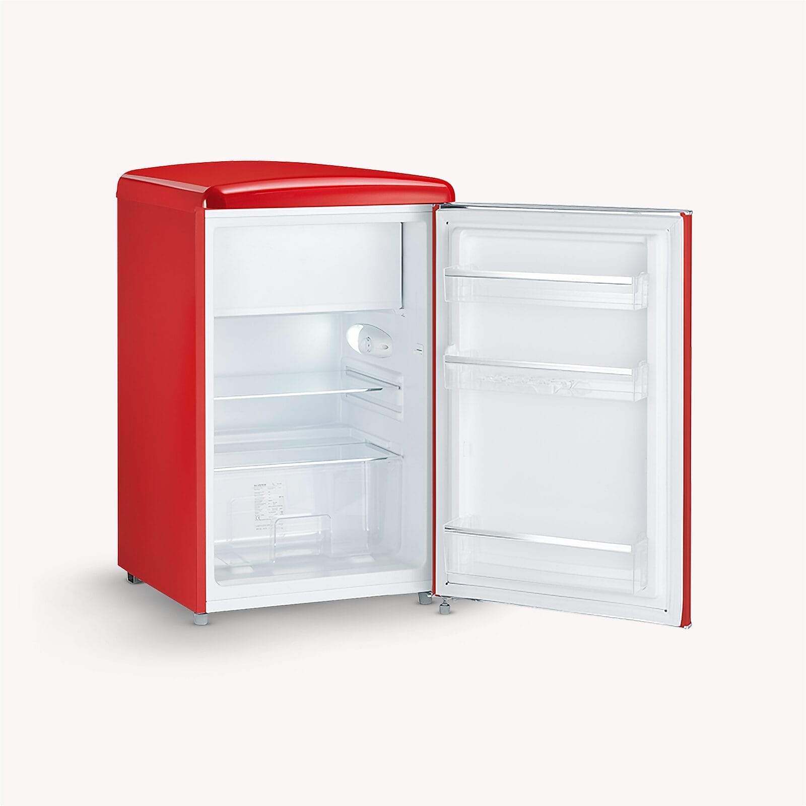 Ein roter Kühlschrank mit offener Tür, leer.