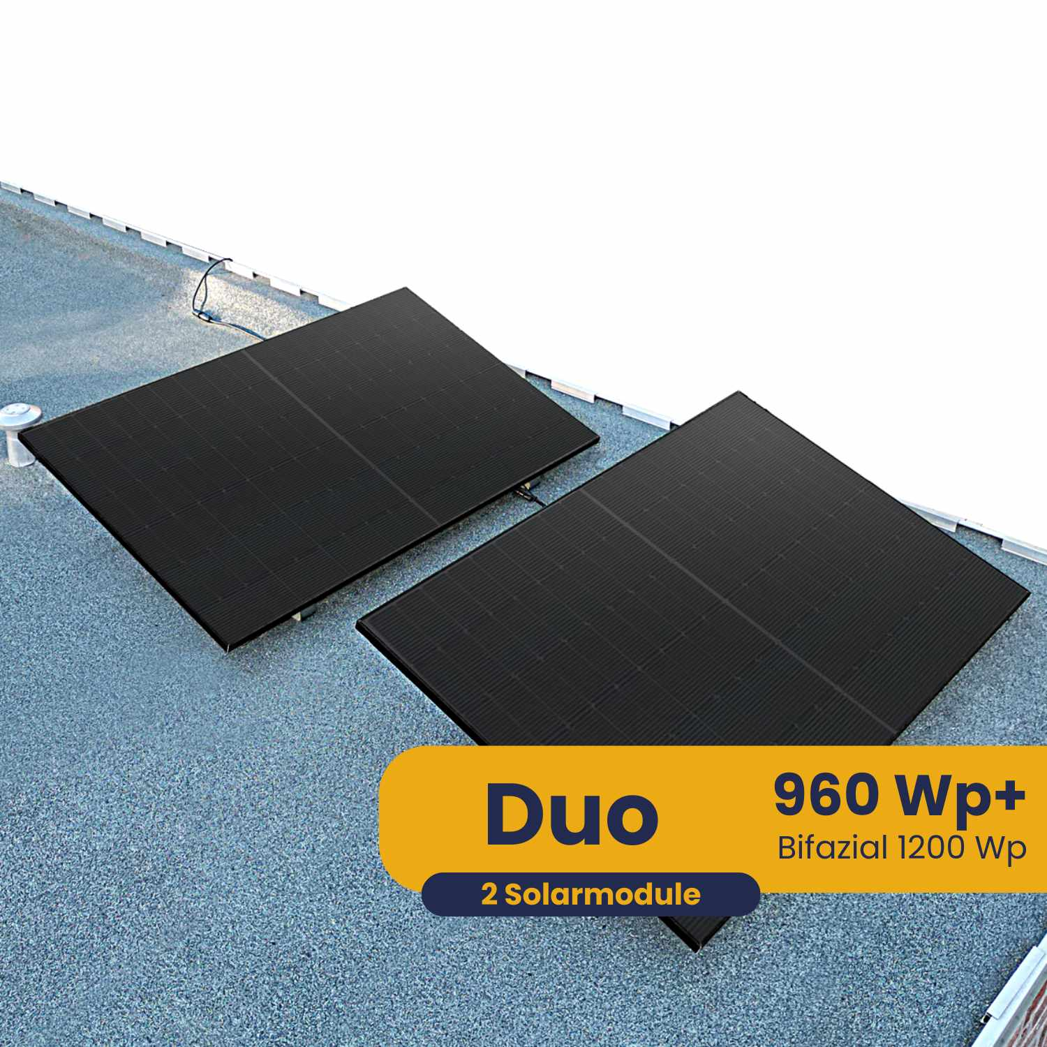 Zwei schwarze Solarmodule auf einem blauen Dach. Text: Duo, 960 Wp+, Bifazial 1200 Wp.
